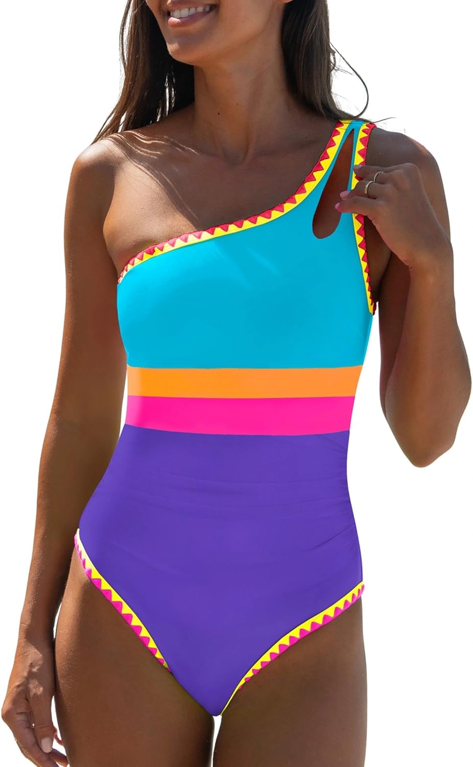 popvil One Shoulder One Piece Swimsuit for Women Neon Color Block Bathing Suits Modest Full Coverage Swimwear
