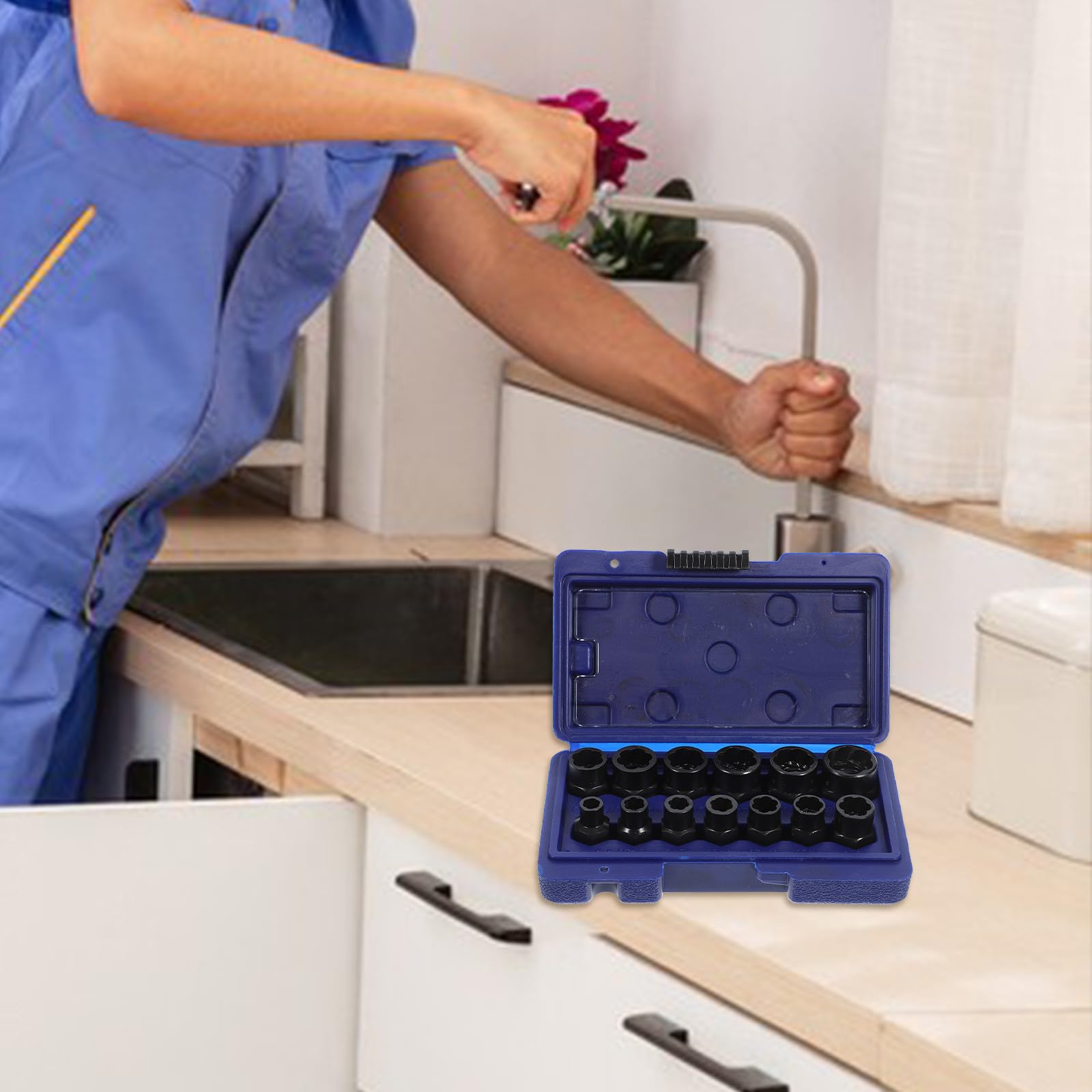 OUNONA Juego de Extractores de Tornillos y Tuercas, Kit de Extracción de Bloqueo de Ruedas, Acero Cromomolibdeno, Negro, Cabeza Cuadrada 3/8 Pulgadas, Caja de Almacenamiento Abs