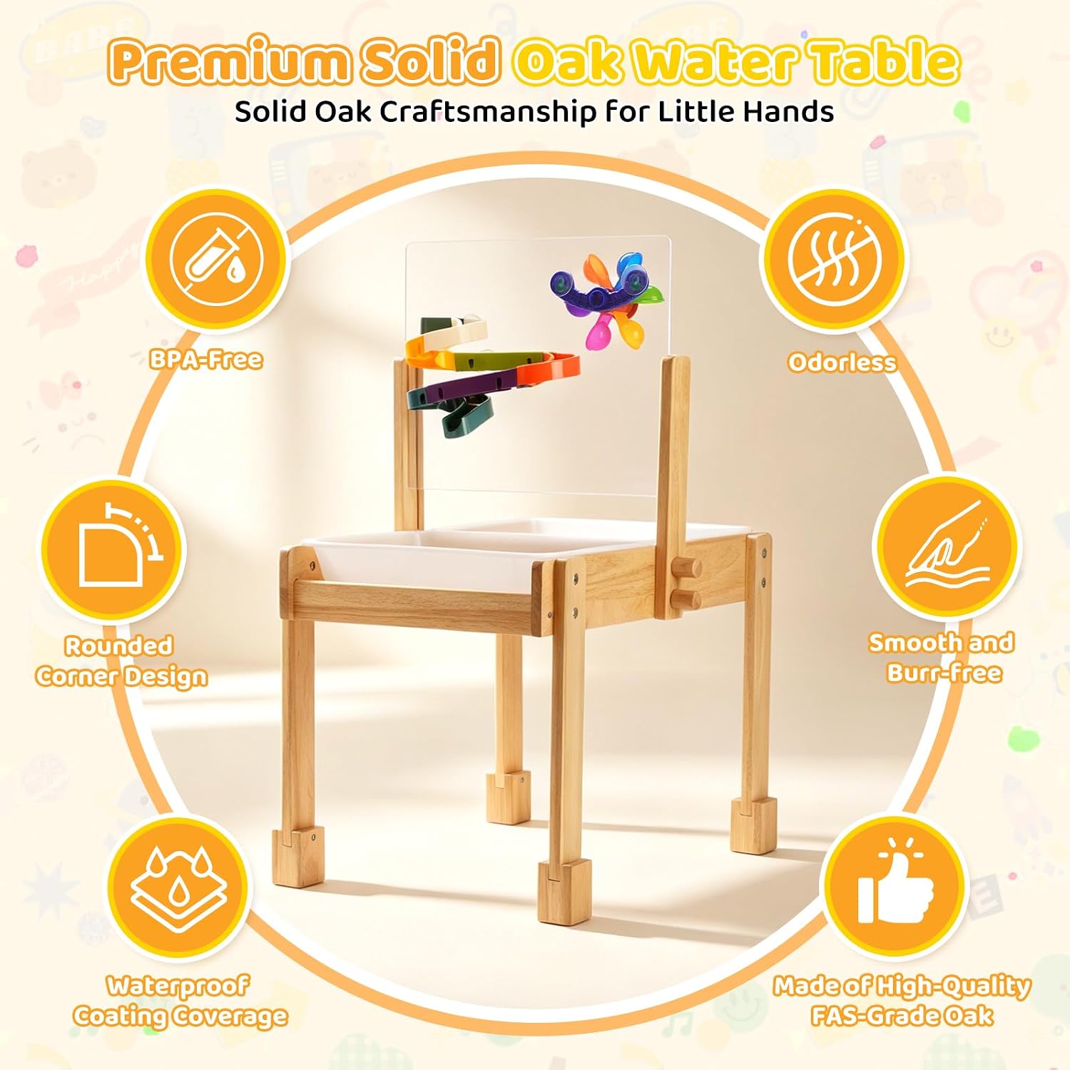 Sand and Water Table for Todders, Wooden Sensory Table with Waterproof Cover 2 Storage Bins Painting Acrylic Board,5 Markers Water Slide Track & Windmill Toys Indoor Outdoor Play Table