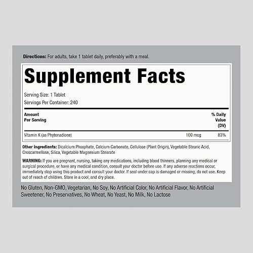 Miniatura 2 de Piping Rock Vitamina K | 100 mcg | 240 tabletas | Suplemento para mujeres y hombres | como fitonadiona | Vegetariano, sin OMG, sin gluten