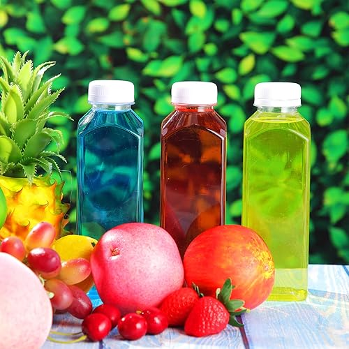 Miniatura 11 de 200 botellas de plástico para jugo con tapas, botellas de agua cuadradas vacías transparentes, recipientes para bebidas a granel, reutilizables