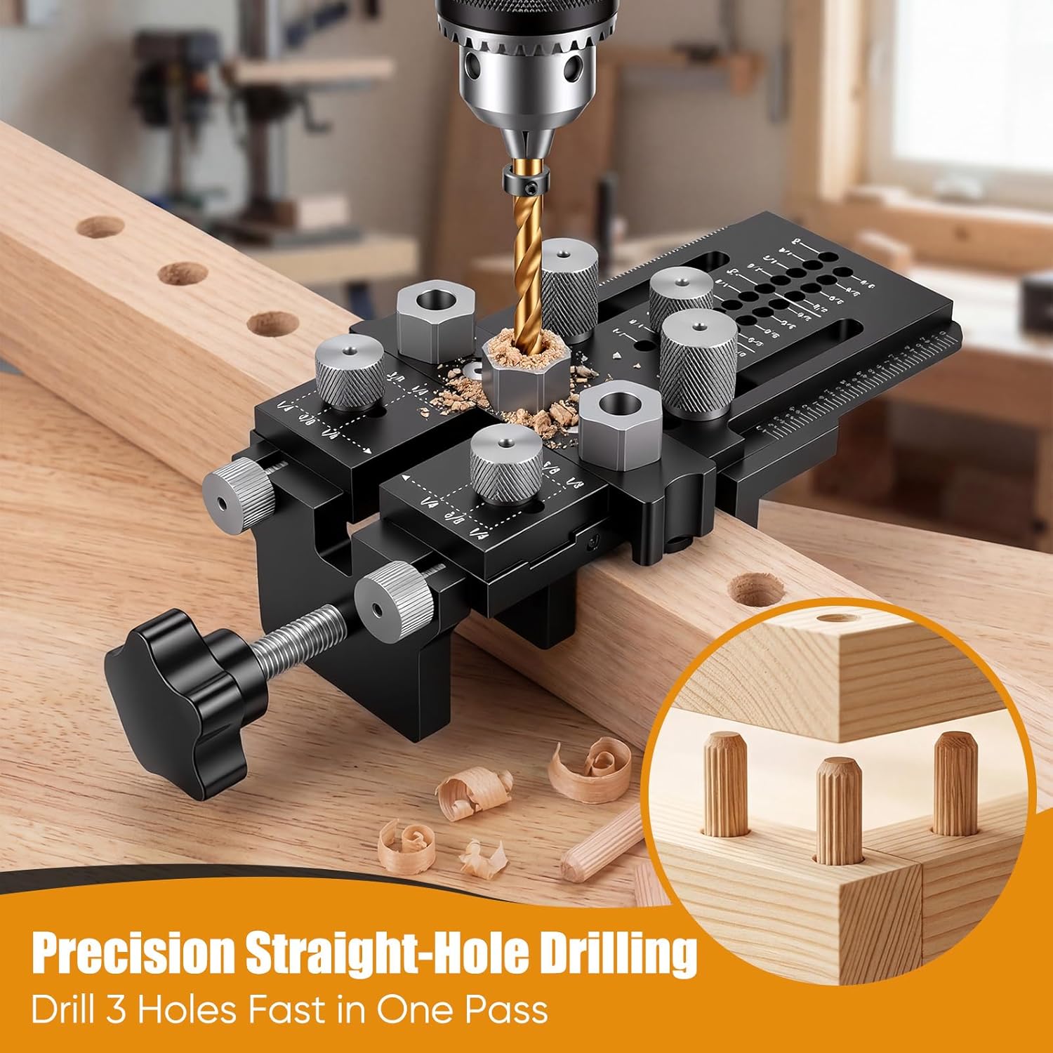 Dowel Jig Kit with Quick Positive Stop & Clamp, Adjustable Doweling Jig for 1/4", 3/8", 1/2" Drill Bits, Accurate Straight Holes for Any Thickness Wood Joints, Cabinet & Furniture