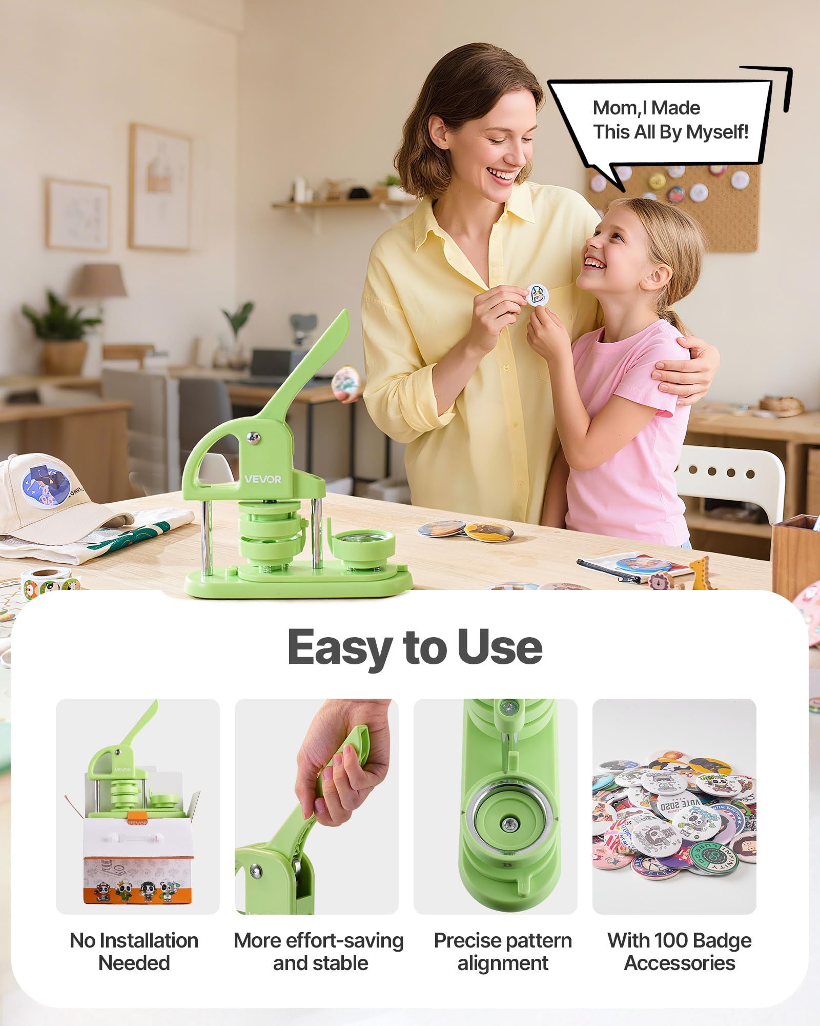 VEVOR Macchina per Spille Rotonde, Macchina Punzonatrice con 100 pezzi Kit per Fustellatrice Manuale per Badge 58 mm, Impugnatura Ergonomica, per Spille Personalizzate Fai da te (Verde)