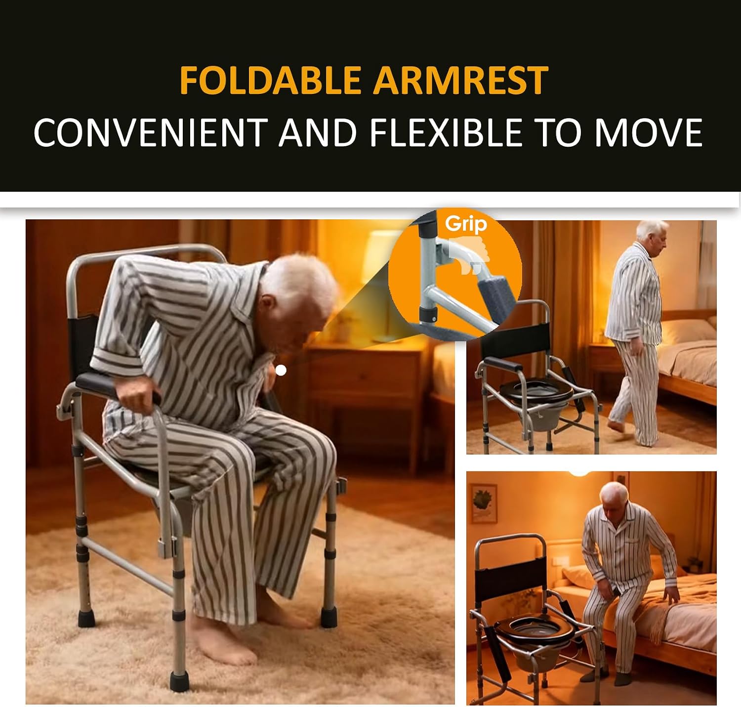 Drop Arm Bedside Commode, Commode Toilet with easy clean Seat and Backrest, 330lbs Capacity, Removable Bucket and Splash Guard, Adjustable Height Portable Toilet for Adults,black color