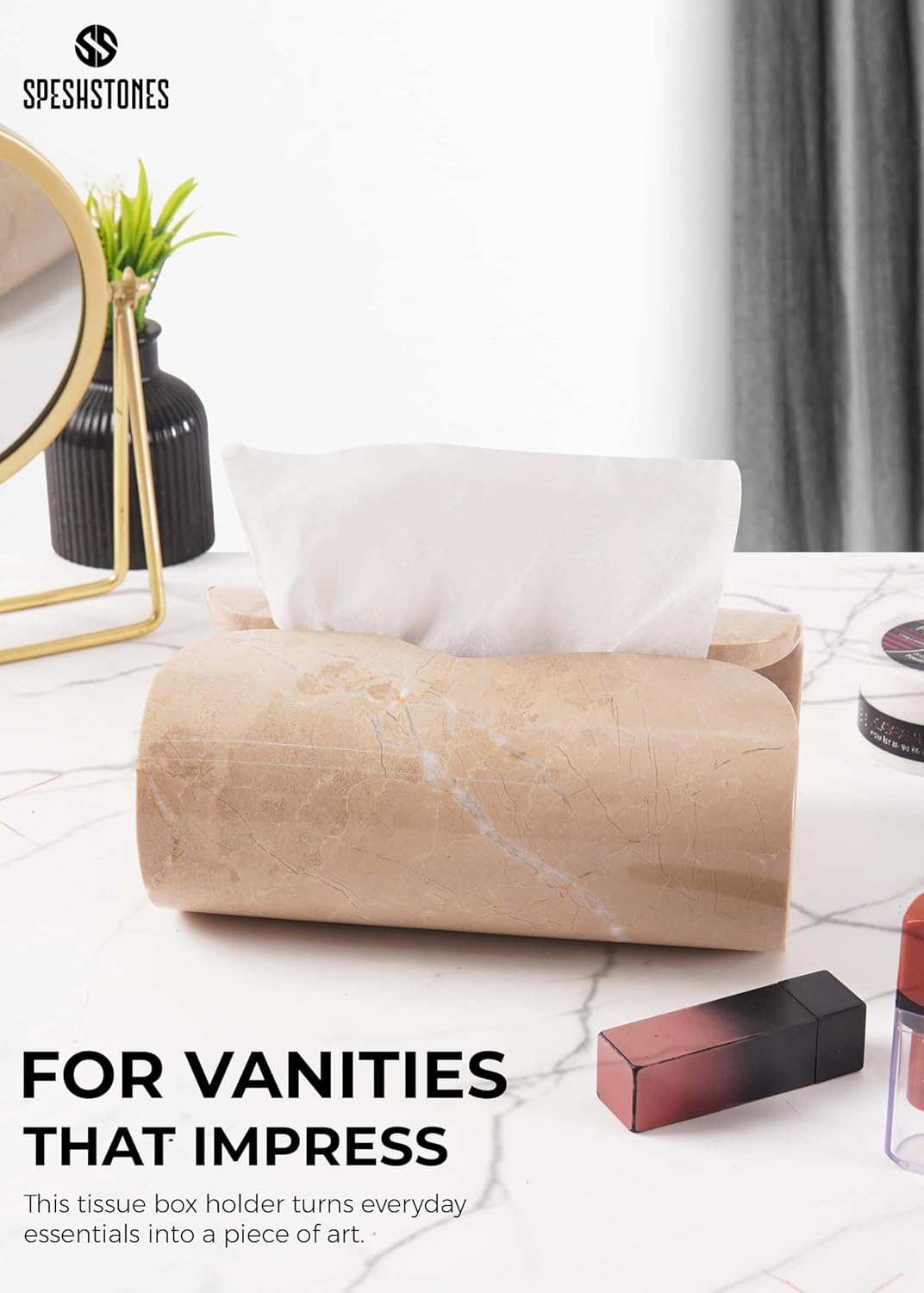 Marble Tissue Box Cover 7.5 Inch Handmade Beige Stone Tissue Box Holder Rectangle for Modern Bathroom Decor & Home Organizer, Facial Tissues Boxes Holder for Bedroom & Living Room