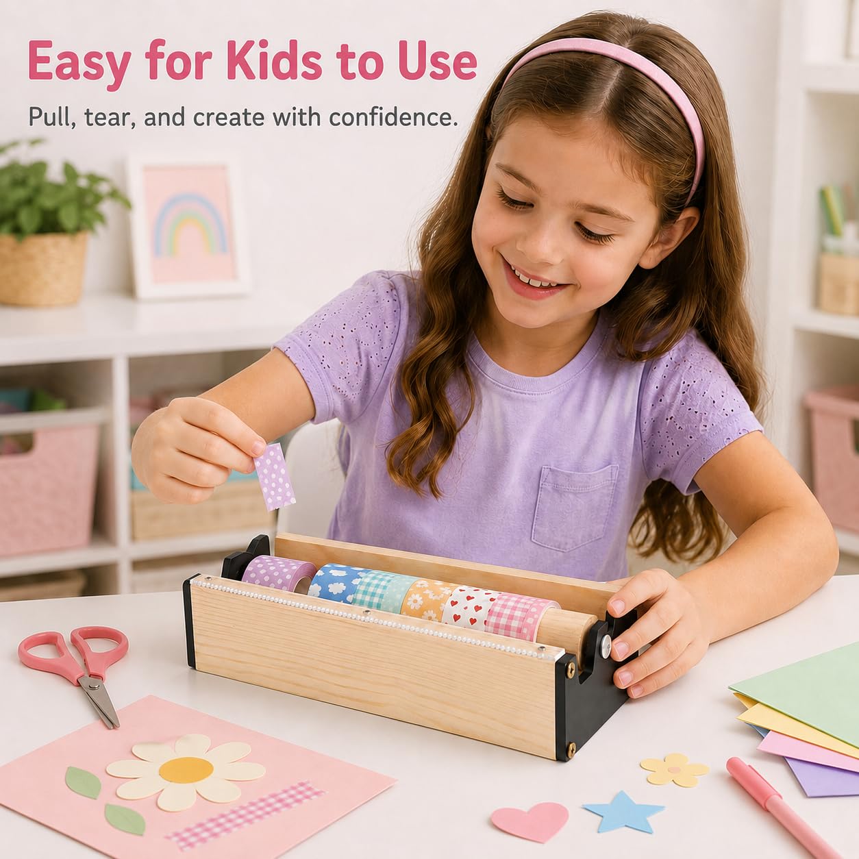 Dispenser di nastro adesivo Washi in legno con taglierino, supporto organizer per artigianato per bambini