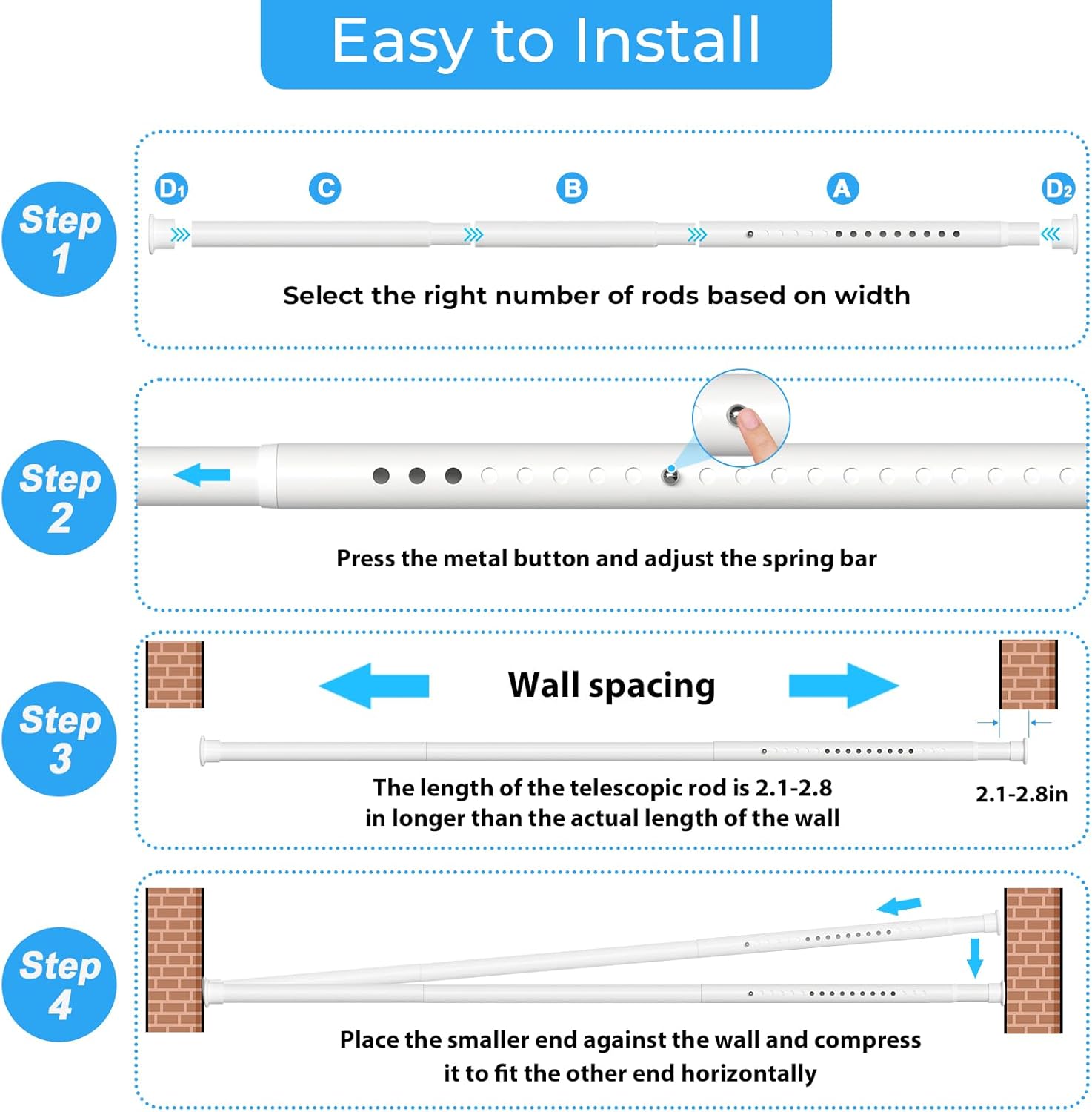 Tension Curtain Rod 64-120 Inches, Heavy Duty Tension Rod for Windows, No Drilling Adjustable Curtain Rod for Patio, Renter Friendly Pressure Curtain Rods for Room Divider, Outdoor, White