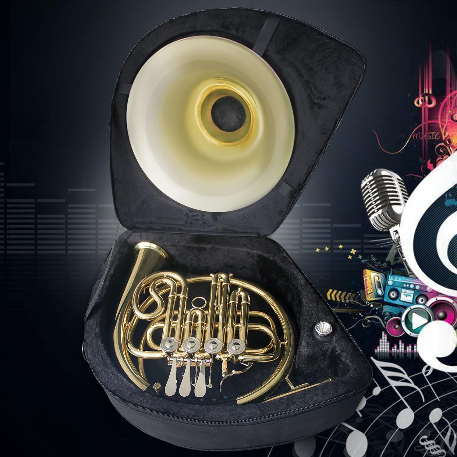 French Horn Beginner Bb- 4-Key Gold Lacquer Brass Horn with Hard Case | Includes Tuner, Mouthpiece & Cleaning Kit