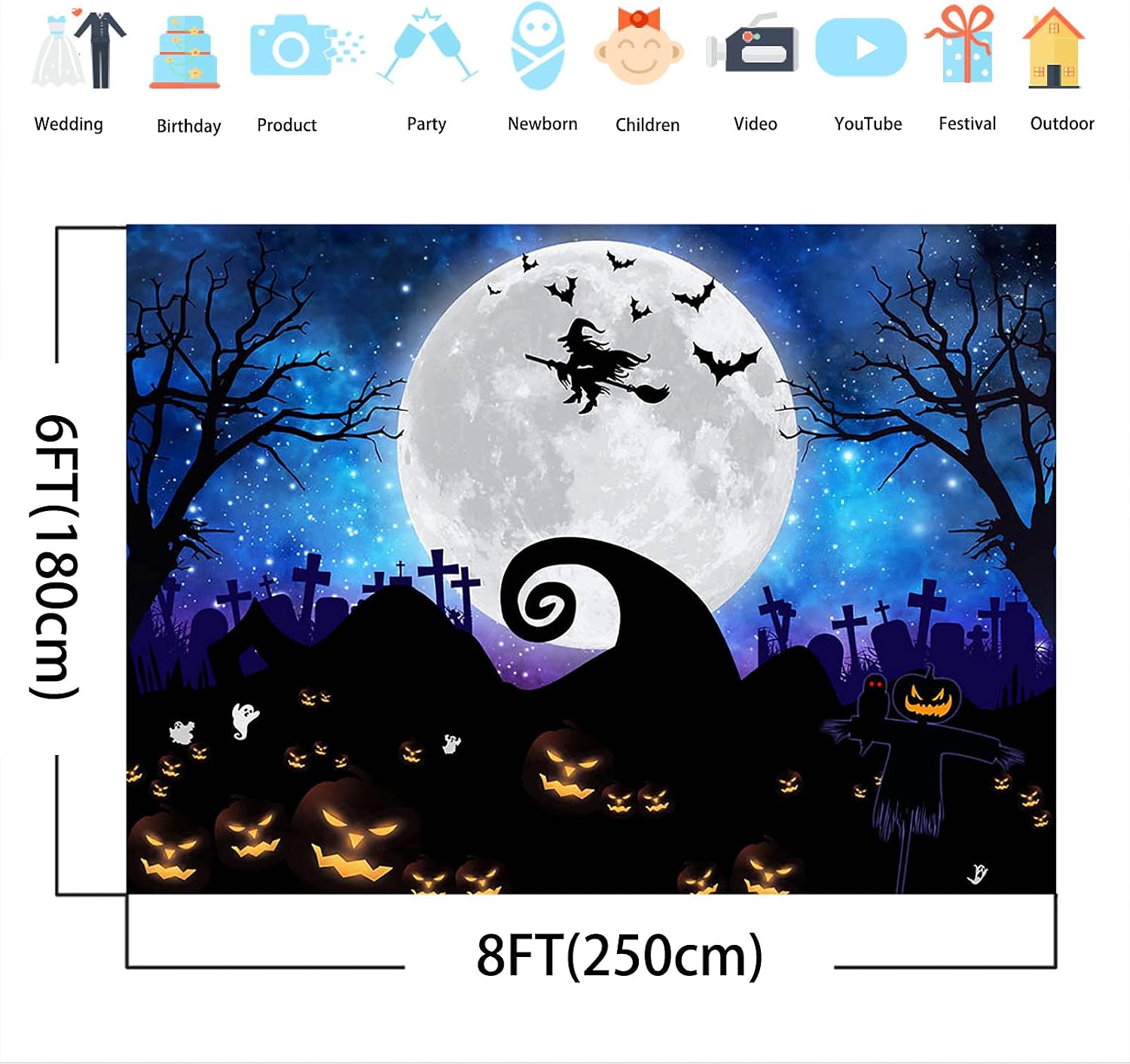 Avezano Halloween Photography Backdrop Halloween Light Moon Scary Pumpkin Photography Background Horror Bat Pumpkin Birthday Baby Shower Halloween Party Backdrops Decorations (8x6)