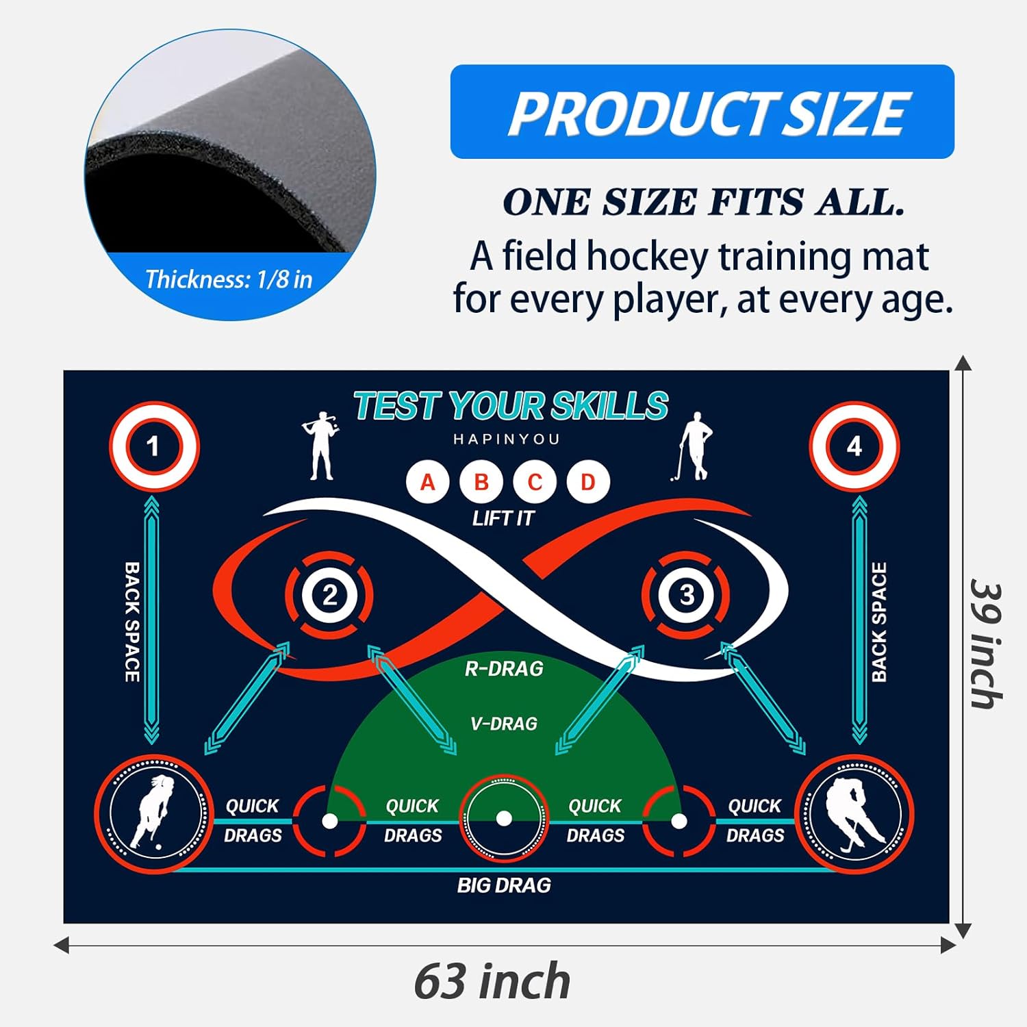 Field Hockey Training Mat - 63" x 39" Indoor Outdoor Practice Mat with Non-Slip Backing - Field Hockey Practice Equipment for Drills & Ball Control - Cool Field Hockey Gifts