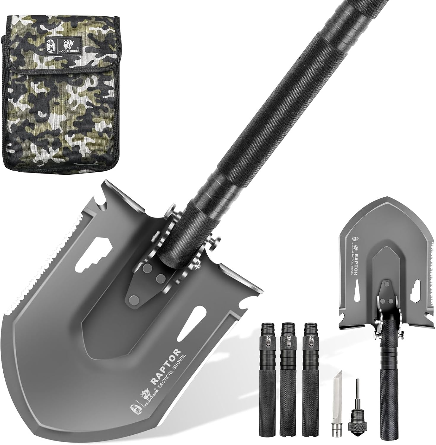 HX OUTDOORS Survival Tactical Shovel, Multifunctional Folding Camping Shovels, Foldable Camp Shovel with Aluminium Alloy Handle (Black)