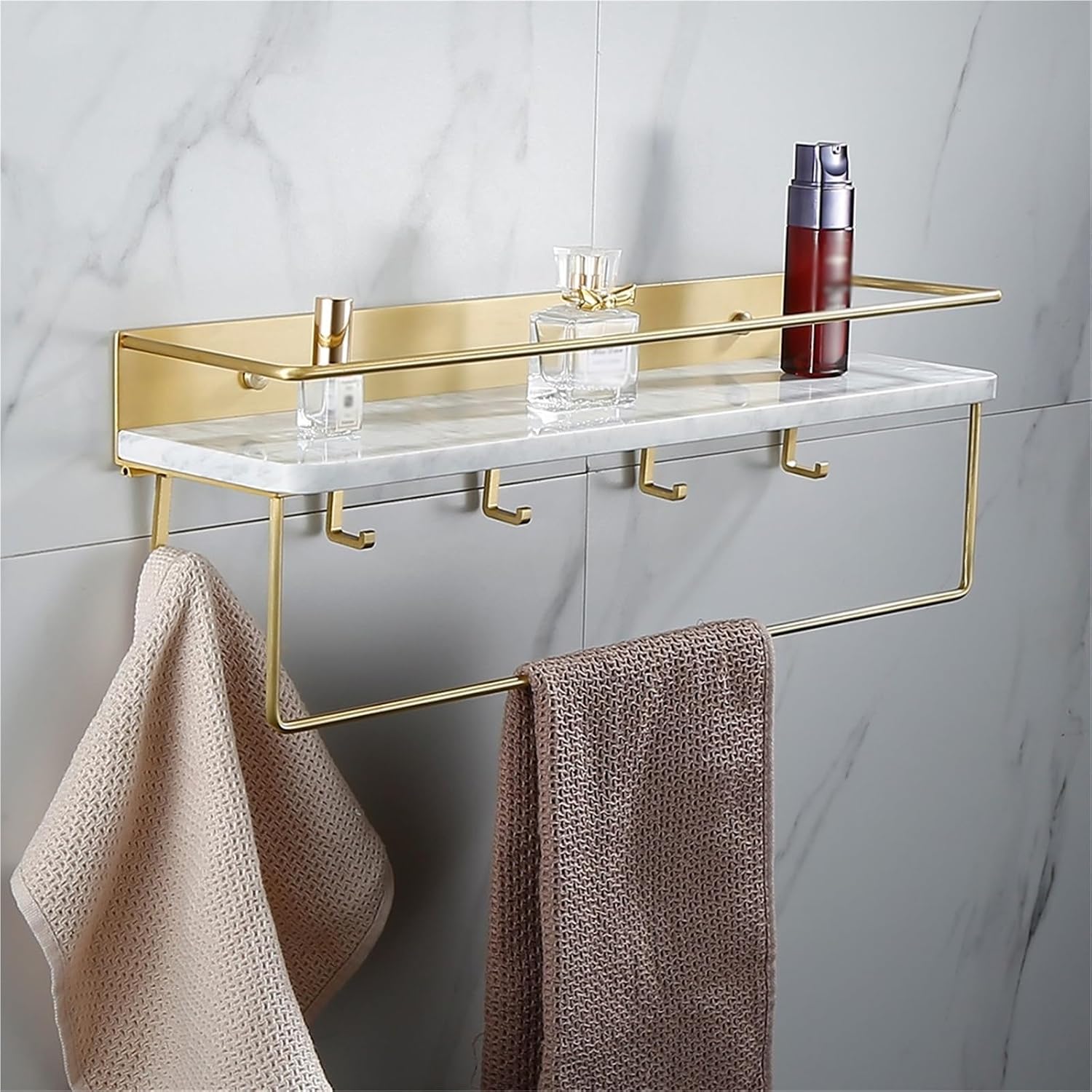 Light Luxury Bathroom Rack Organizer Wall-Mounted Cosmetic Box Storage Rack Marble Tray Partition(50cm Black with Hook Rod)