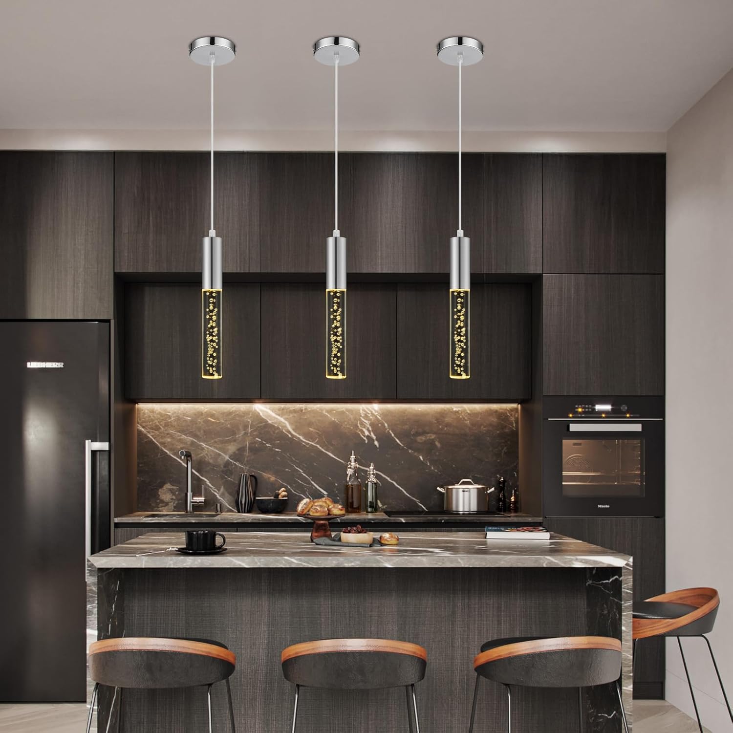 Pendant Lights Kitchen Island,3 Color Modern LED Acrylic Bubble Crystal for Dining Room Light Fixture,Dimmable Pendant Ceiling Hanging Light Fixtures for Restaurant,Living Room