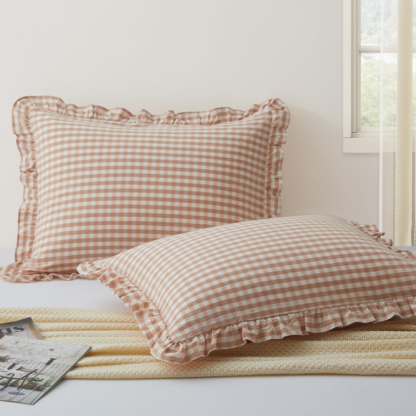 Photo 1 of **4 PACK** KKJIAF Plaid Ruffle Pillow Case, Standard Size, Light Pink