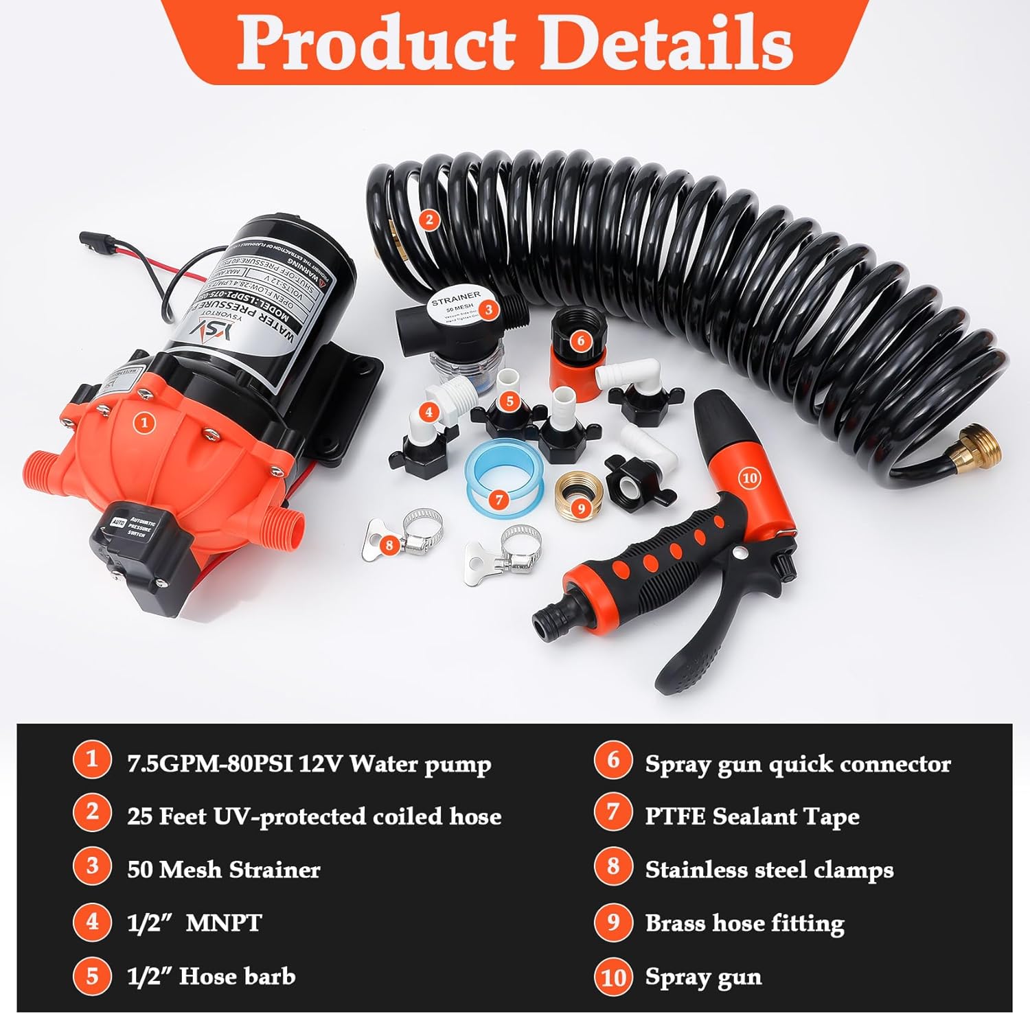 80PSI 7.5 GPM Washdown Deck Wash Pump Kit - 12V Self-Priming Marine/RV Water Pump with Strainer & Pressure Switch, for Boats, Yachts, Campers, Travel Trailers & Sprayers