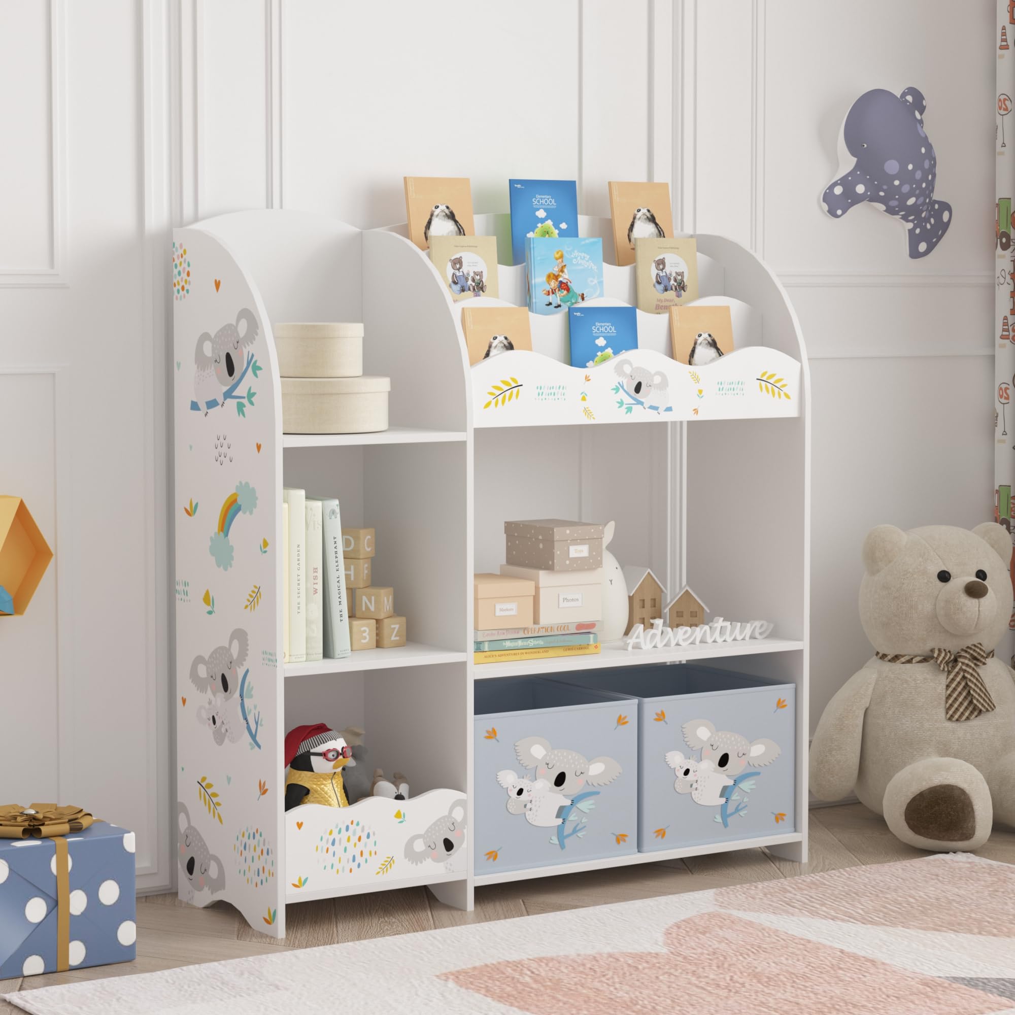 [en.casa] Étagère Enfant avec Compartiments de Rangement Ouverts et 2 Boîtes Meuble de Stockage avec Motif Koala Panneau de Particules Polyester 100 x 93 x 30 cm Blanc Gris