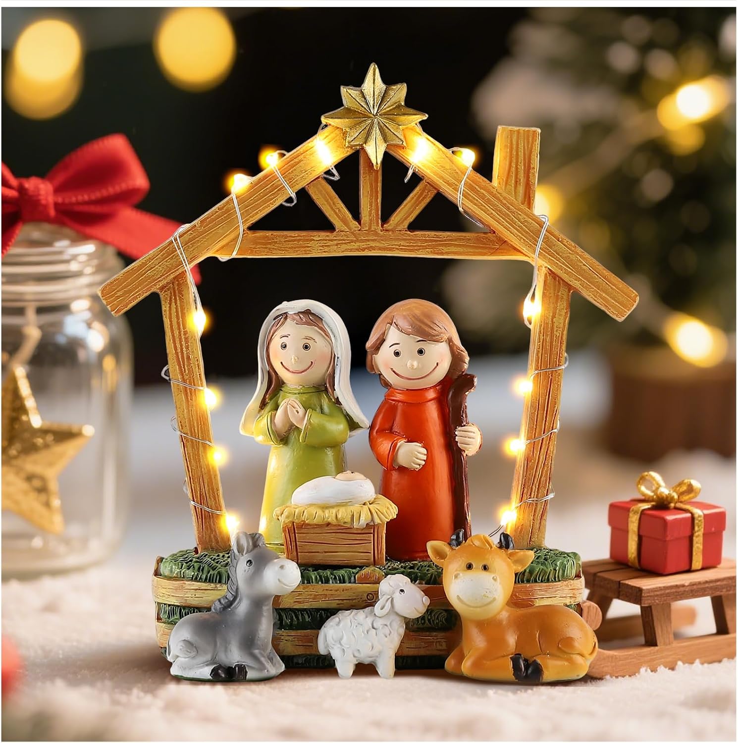 6.3" Nativity Scene with Lights - Hand Painted Nativity Sets Resin Figure, First Christmas Story Decoration Holy Family Manger Little People Nativity Set for Indoor Mantle Shelf Tabletop