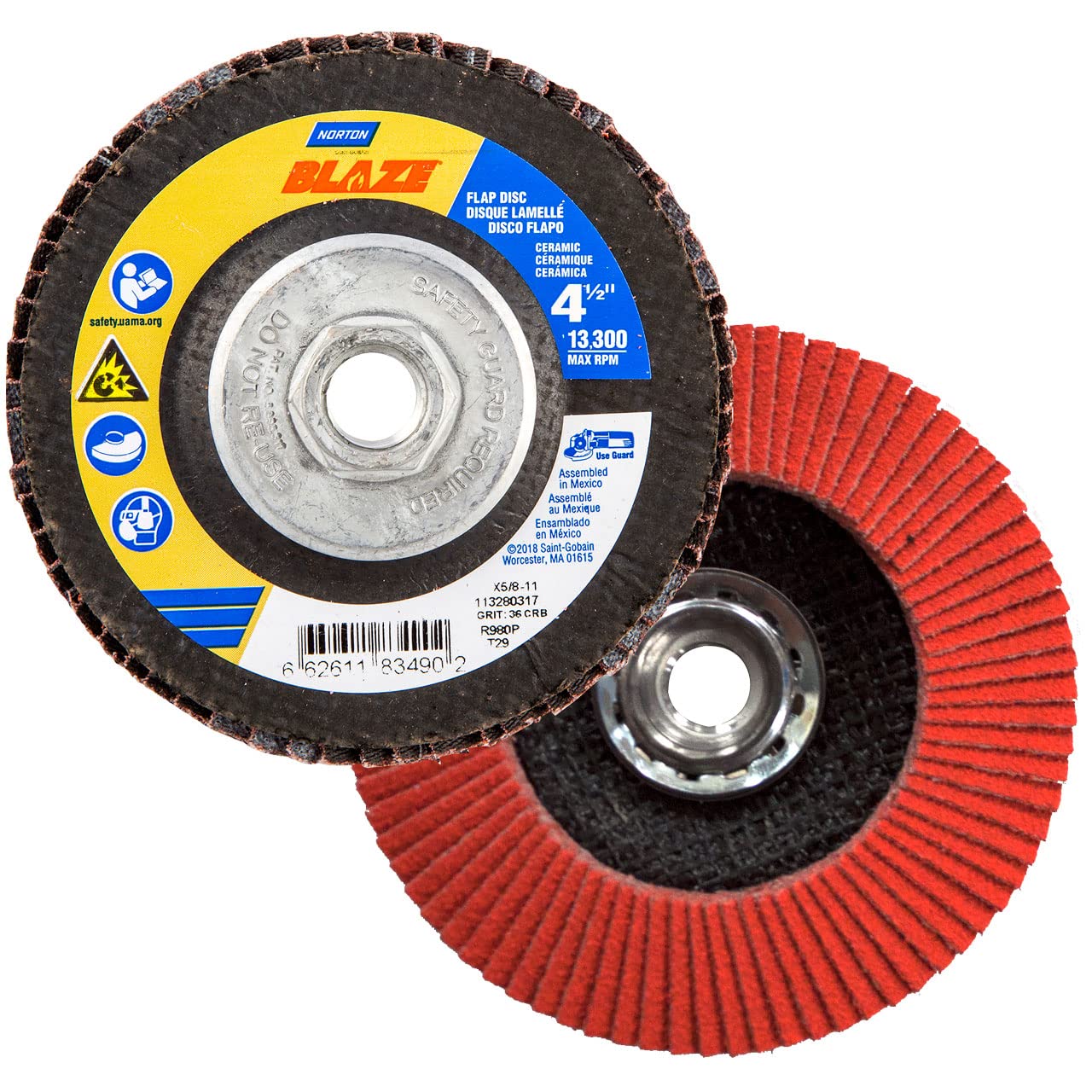 Norton 66261183490 4-1/2x5/8-11” Blaze R980P Ceramic Alumina Type 29 Flap Discs, 36 Grit, Coarse, 10 Pack