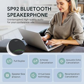 Yealink Sp92 Conference Speaker and Microphone Teams Certified Mic with Al Noise Cancelling 20H Call Time USB Speakerphone for Small Meeting Room, Bluetooth Speaker for Computer/Laptop