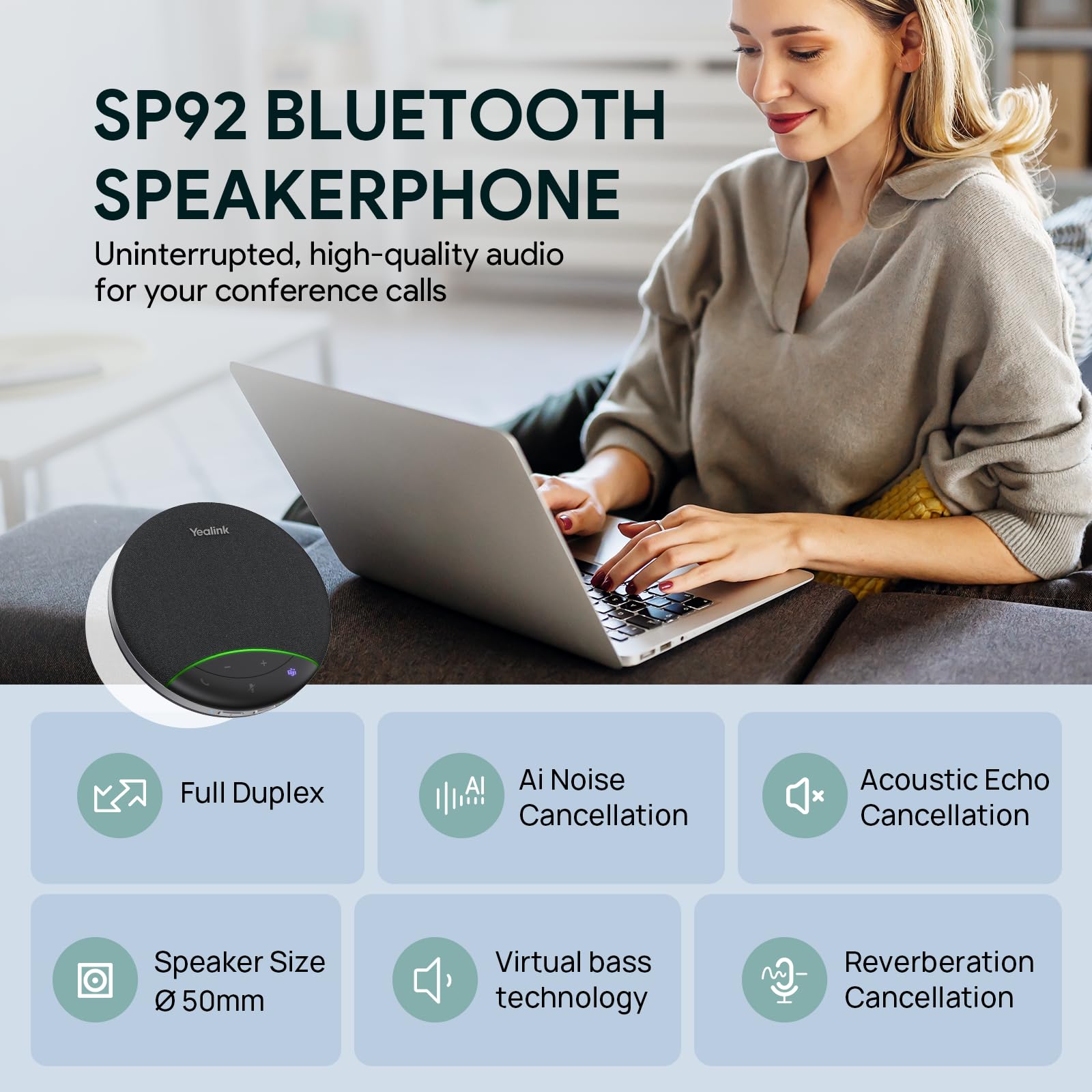 Yealink Sp92 Conference Speaker and Microphone Teams Certified Mic with Al Noise Cancelling 20H Call Time USB Speakerphone — view 2