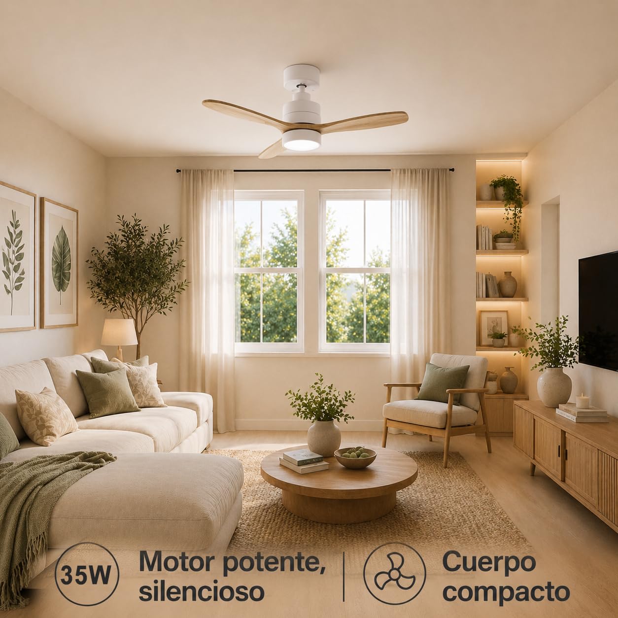 IluminaShop - Ventilador de Techo Led Wing-flat, con mando a distancia, motor DC 50W+Luz Led 18W, 6 velocidades, Silencioso,3 Aspas efecto madera, 132 cm, función verano-invierno, temporizador