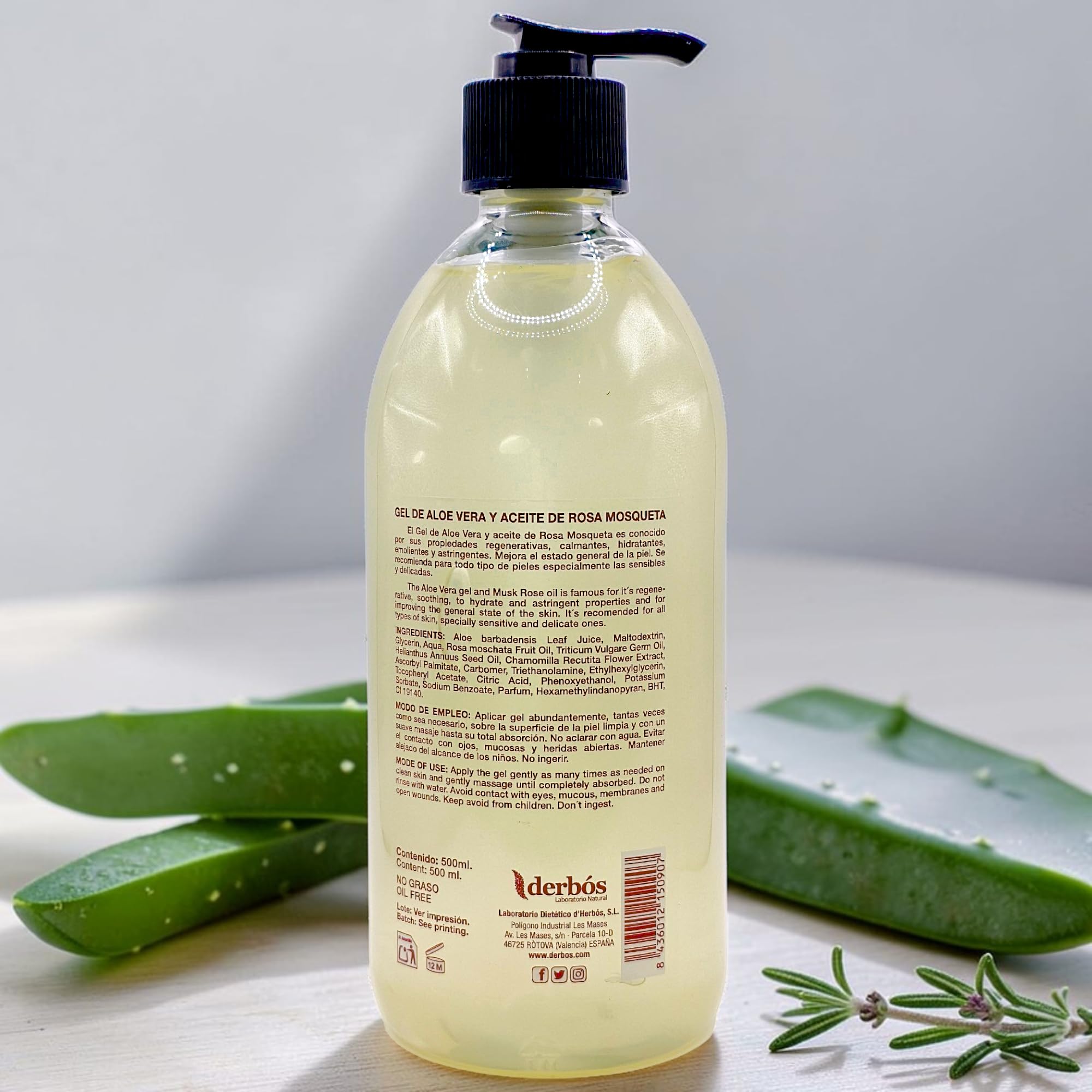 Derbós Gel Áloe Vera y Rosa Mosqueta 500 ml - Regenerador Celular Intensivo, Hidratante y Calmante - Ideal para Cicatrices, Estrías y Post-Depilación - Formato Ahorro