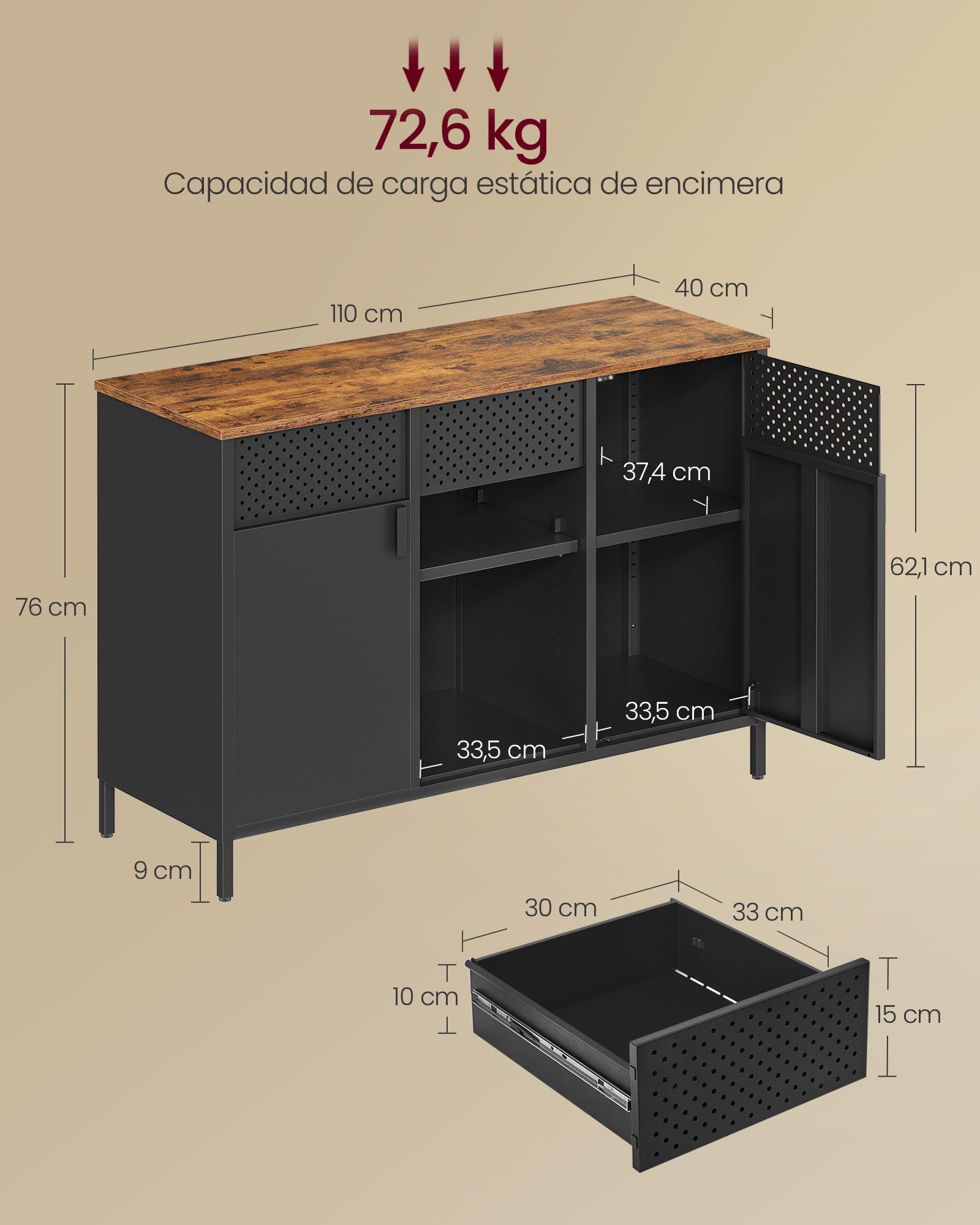SONGMICS Armario de Almacenamiento, Armario de Metal, Aparador con Puertas Dobles, Cierre Magnético, Estantes Ajustables, Marco de Acero, Marrón Rústico y Negro Mate LSC204B01