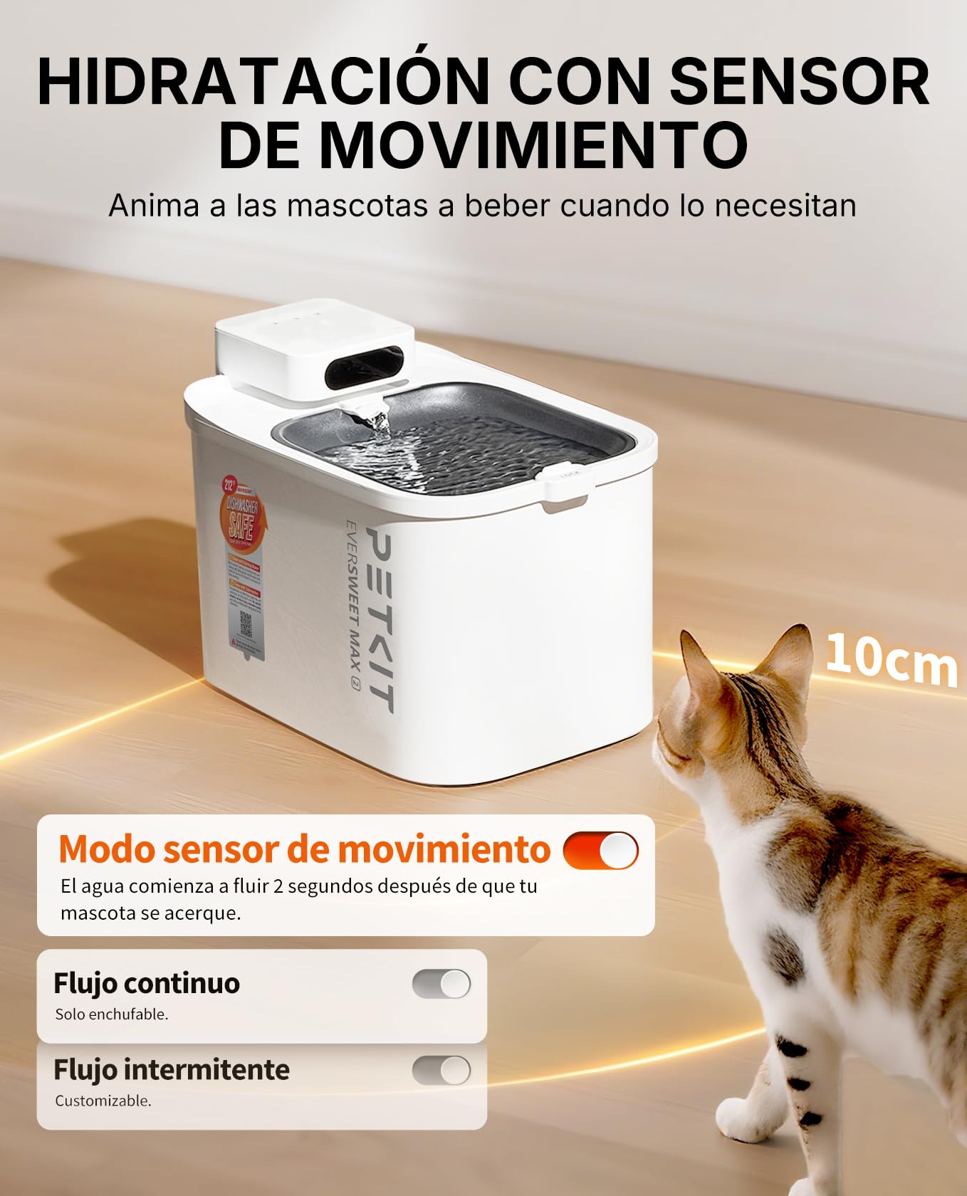PETKIT EVERSWEET MAX 2 Fuente para Gatos sin Cable, Resistente al Calor, con Sensor de Movimiento, 5000mAh Batería Recargable, Control de App, 3L Bebedero Gatos Automático, Acero Inoxidable
