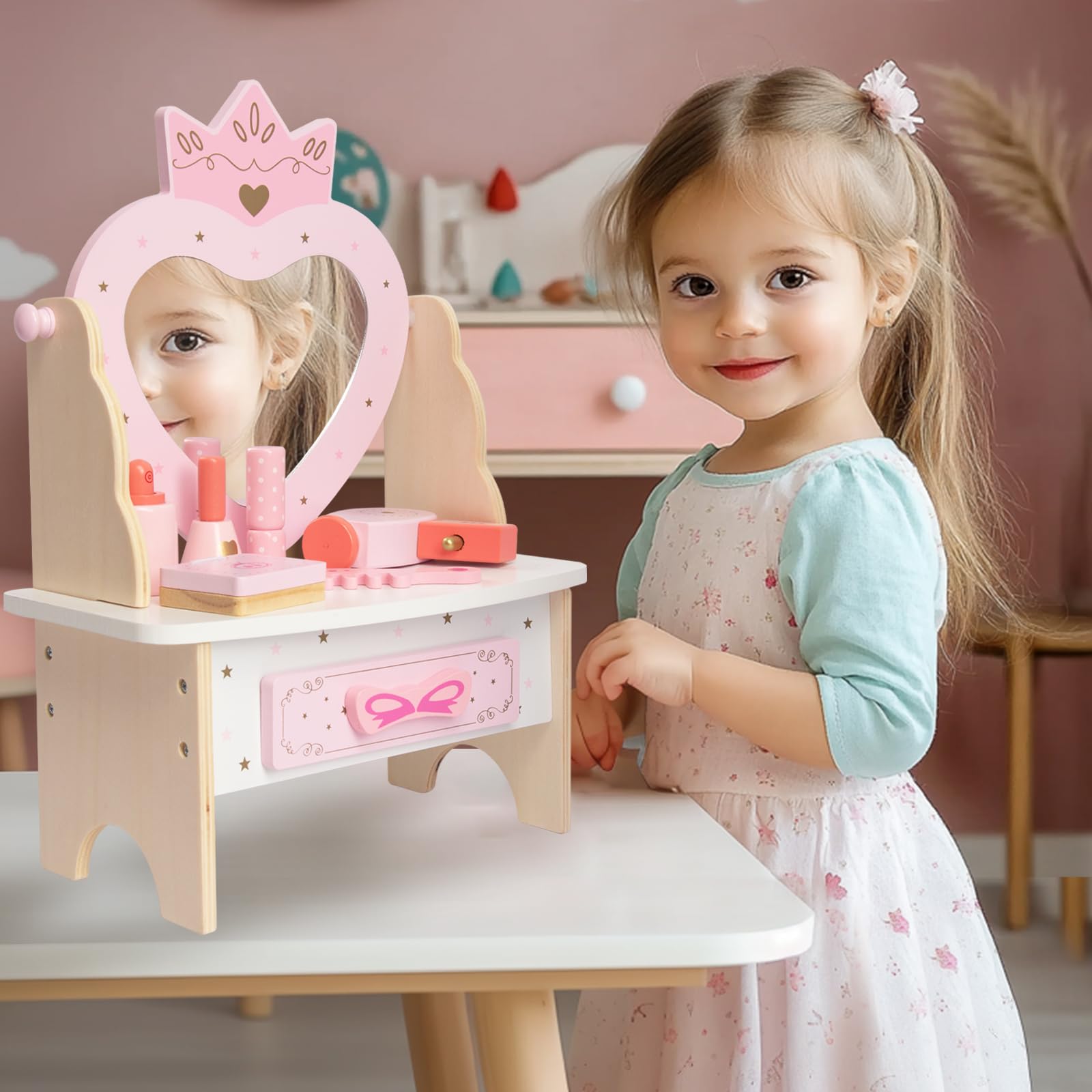 Tavolo Da Toeletta Per Bambine Rosa Con Specchio Girevole 360° - Cassetto E 7 Accessori Per Trucco, Legno - Foto 2