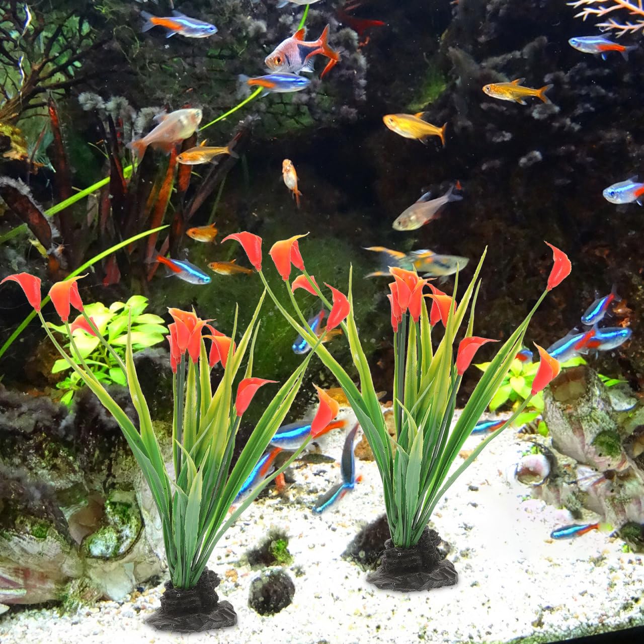 VANZACK Lot de 2 plantes en soie pour décoration d'aquarium - Fausse plante compacte - Accessoire de bureau - Coupe froide - Plastique