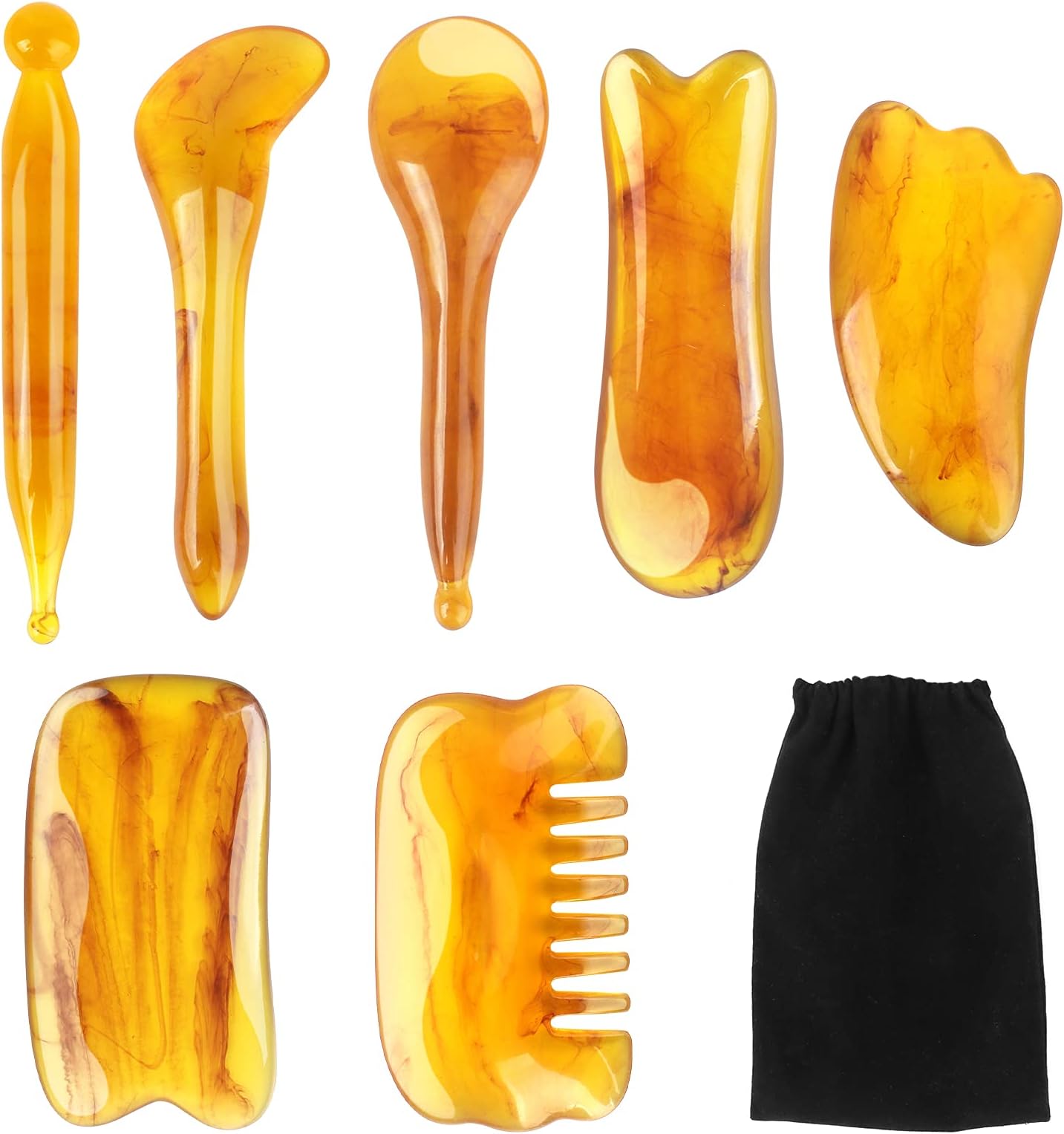 7-Piece Gua Sha Massage Tool Set - Natural Resin Scrapers for Face & Body - Unblock Meridians, Eliminate Fatigue