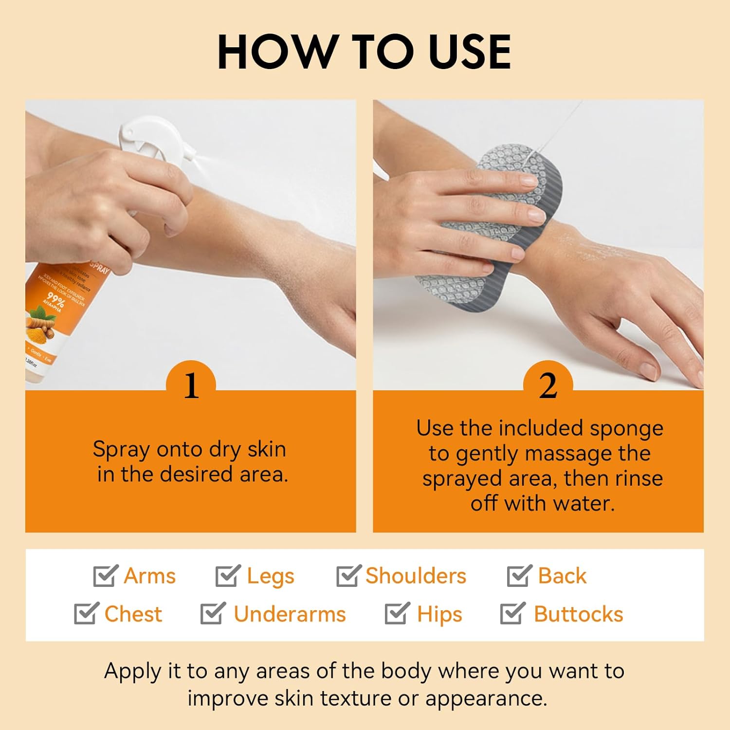 Keratin Care Kojic Acid Turmeric Exfoliating Body Spray with Soft Sponge — Brightening & Smoothing Peeling Solution for Rough, Dull Skin, All Skin Types, 100ml - Image 7