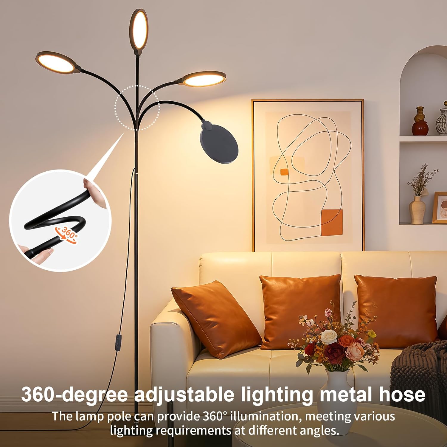 Modern Black Bright Eye Protection Floor Lamp, 62.6“ Adjustable Gooseneck Standing Lamp with Dimmer & Color Temperature, Tall LED Corner Lamp for Living Room, Bedroom Office Reading, Tattoo Light