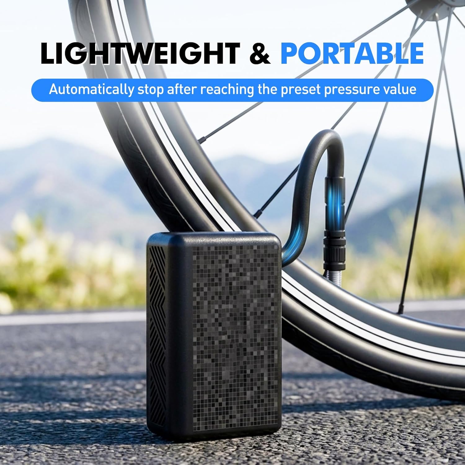 Mini Electric Bike Pump, Portable Bicycle Tire Inflator with Gauge, Auto Stop, Fast Inflation for Presta & Schrader Valves, USB-C Rechargeable, Compact for Road/Mountain Bikes
