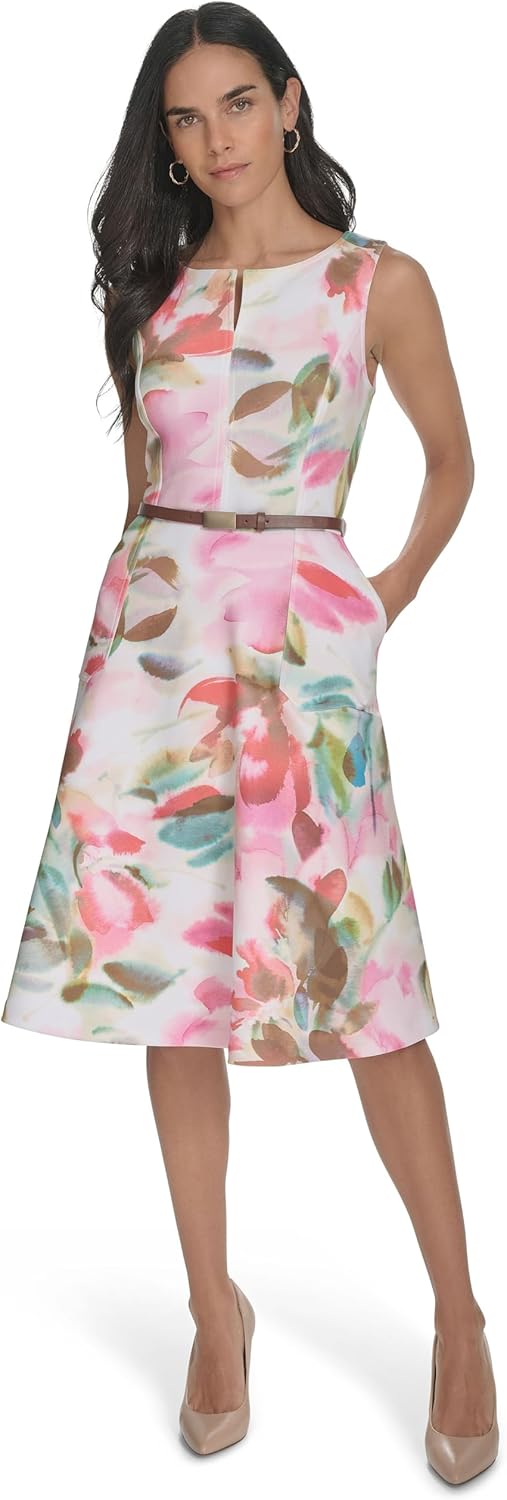 Calvin Klein Womens Sleeveless Split Neck Belted Crepe A-line Dress - Image 2