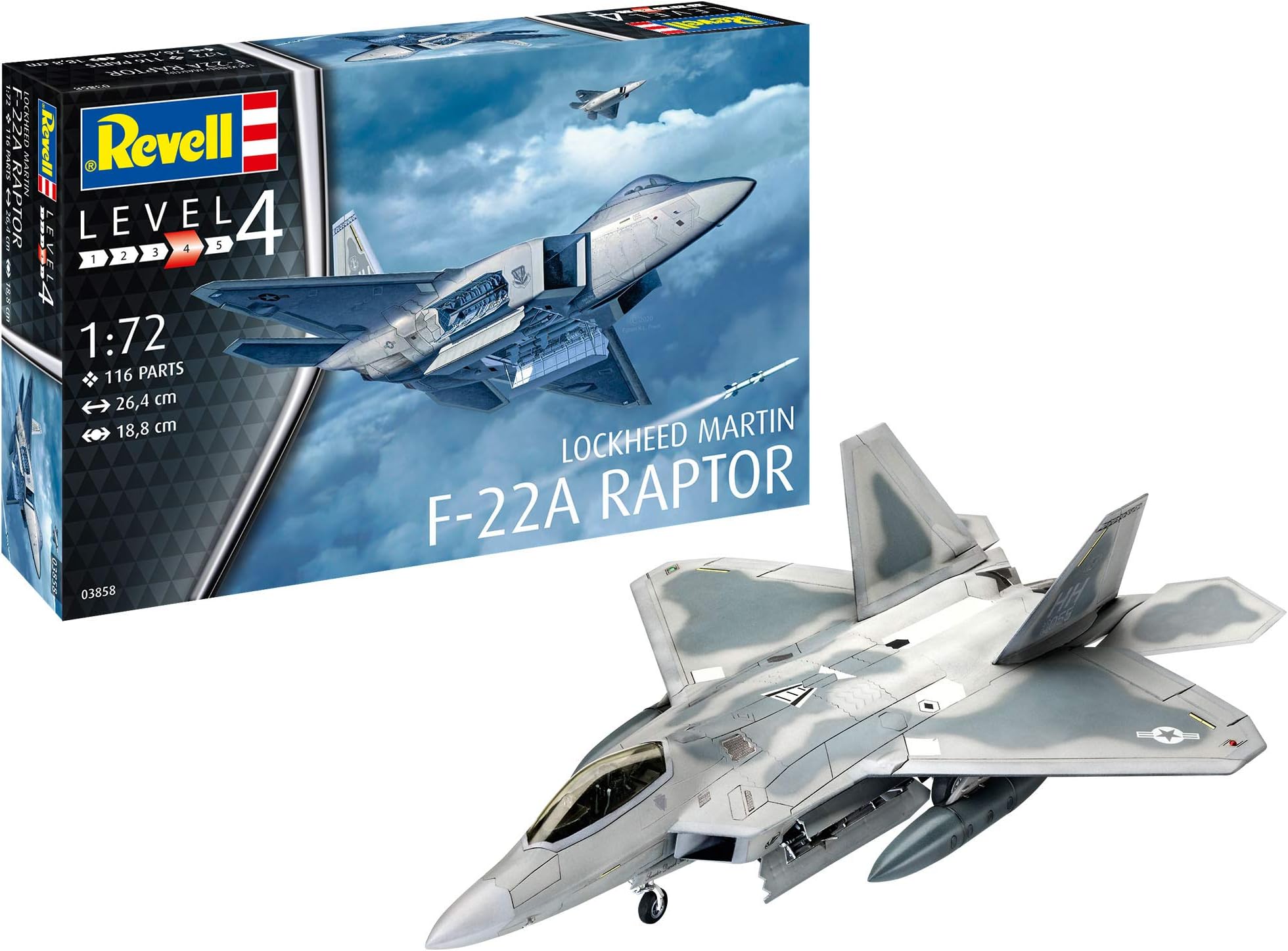 Revell 03858 Lockheed Martin F-22A Raptor Model Kit 1:72 Scale, Unvarnished