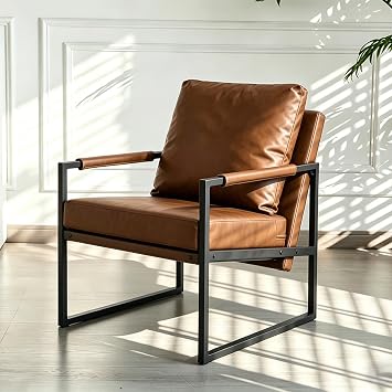 Modern Accent Chair,PU Leather Lounge Chair with Metal Frame,Comfy Reading Armchair with Soft Cushion & High Rebound Back Pillow,Single Sofa for Living Room,Bedroom,Office,Small SpacesBrown