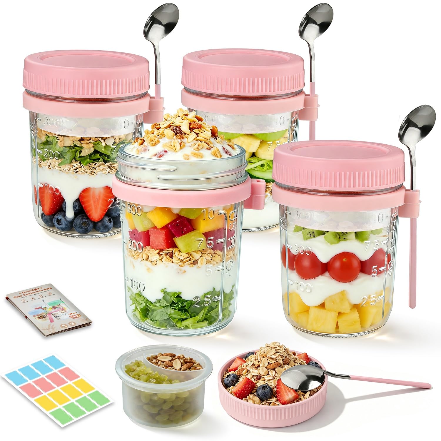 4 Pack Overnight Oats Containers with Lids and Spoons - 16 oz Glass Mason Jars with Dressing Cup, Over night Oat Jars for Meal Prep, Yogurt Parfait Cup for Chia Seed Sugar Packet Holders (Pink)