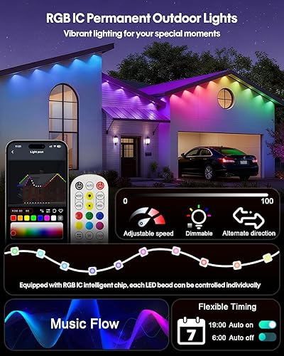 Miniatura 2 de Luces permanentes para exteriores de 50 pies, luces inteligentes RGB+IC con control remoto de aplicación, color LED individual, luz blanca y