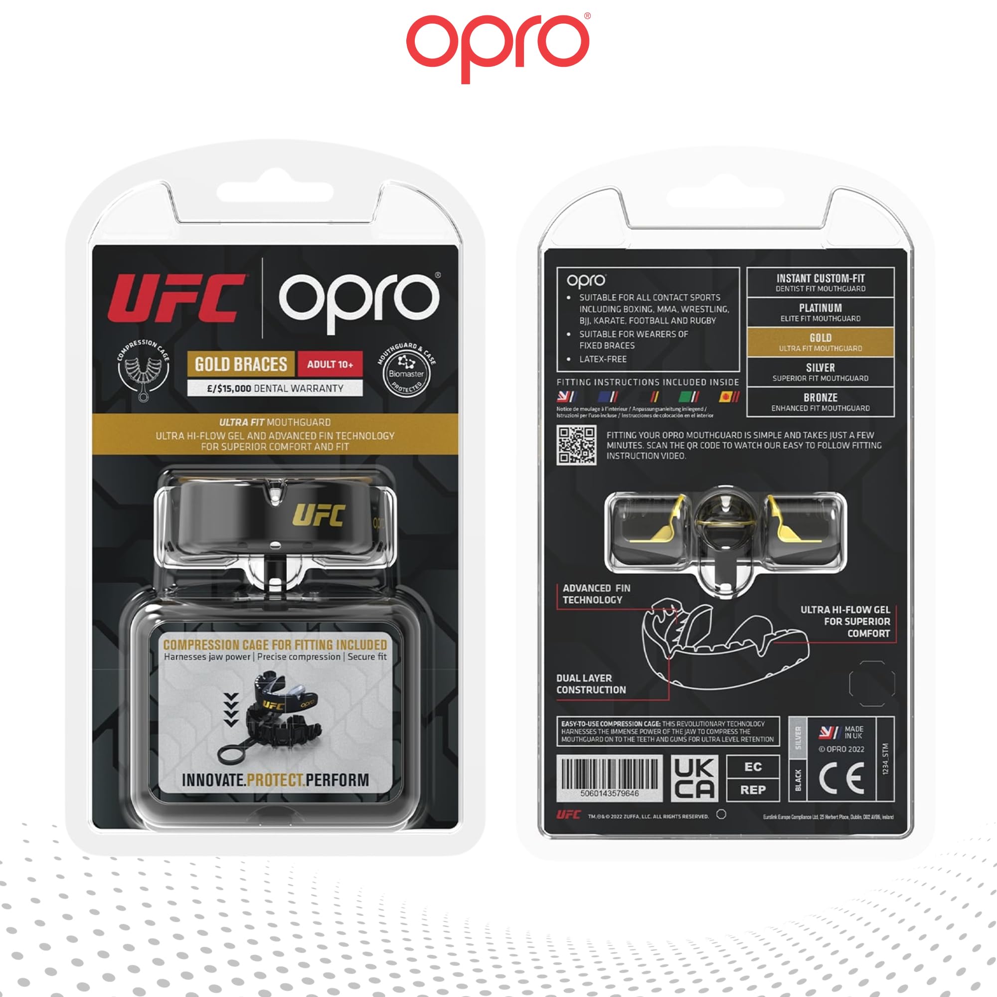 OPRO Paradenti per Apparecchi Ortodontici - Livello Oro - Paradenti per Boxe, MMA, Rugby, Hockey - Protezione Dentale Adulti (Età 10+) - Aderenza Ottimale - Facile da Modellare - Con Garanzia Dentale
