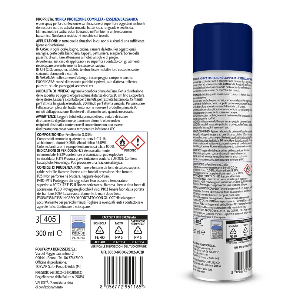 Norica Spray Disinfettante Igienizzante Tessuti e Oggetti 300 ml Protezione Completa