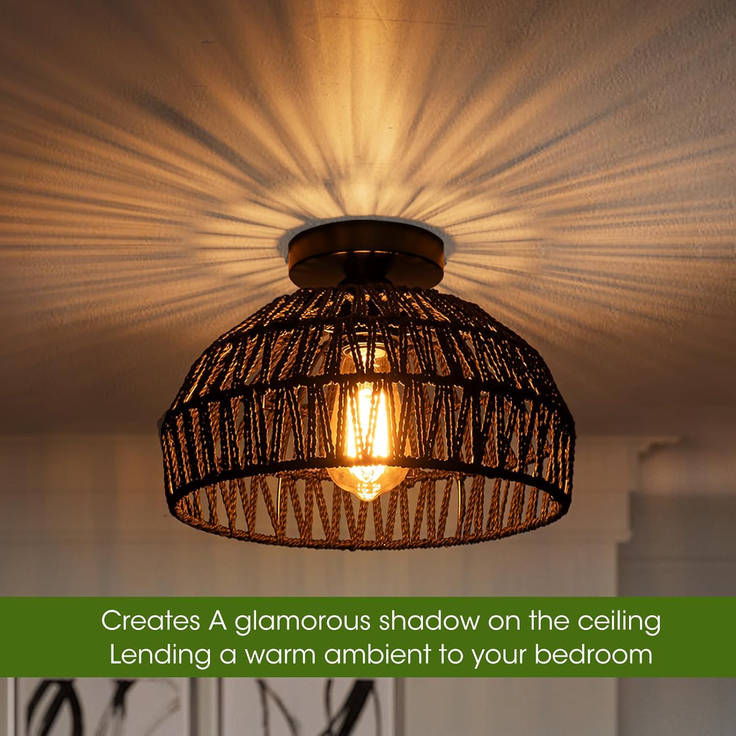 2 Packs Black Boho Light,Rattan Ceiling Lighting Fixtures Small Boho Lamp Shade Flush Mount Ceiling Light Hand Woven Chandelier for Entryway Bedroom Kitchen Nursery Lights
