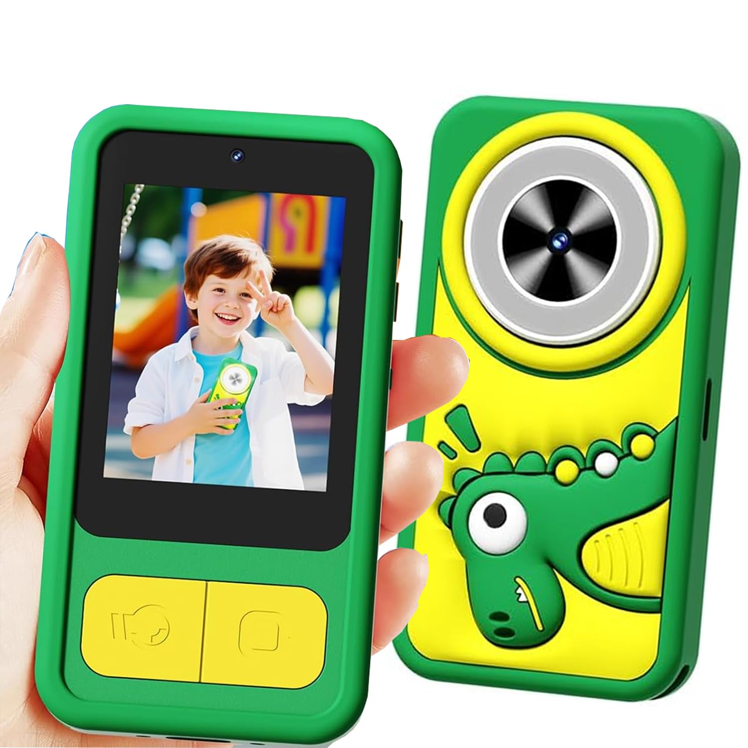 Upgrade Mini Kids Toy Pretend Smart phone, Selfie Phone with 3.0” Touchscreen, for 3-10 Years Old Boys Girls, Green Dinosaur
