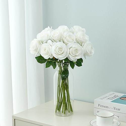 Miniatura 5 de 12 rosas artificiales, rosas artificiales de seda blanca, rosas con tallos largos para bodas, hogar, fiestas, centros de mesa, decoración