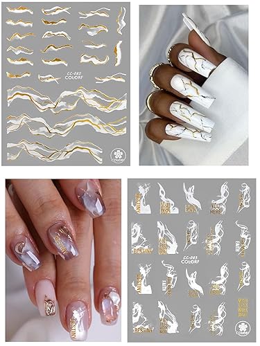 Miniatura 7 de TOROKOM 12 hojas de calcomanías para arte de uñas, autoadhesivas, color negro, blanco, dorado, rayas, líneas, calcomanías de uñas, suministros para