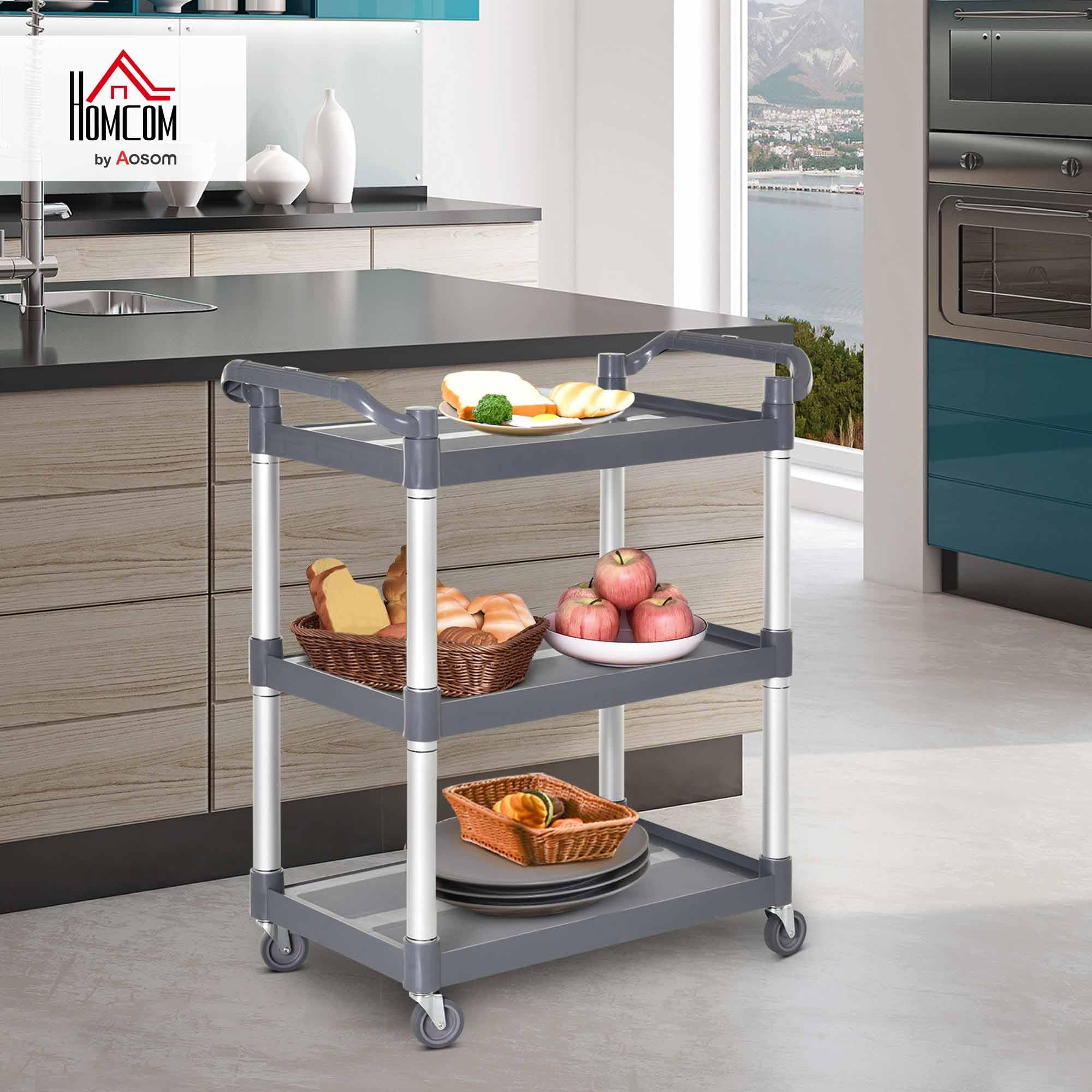 HOMCOM Carrello da cucina in lega di alluminio con ruote Carrello da cucina a 3 livelli Carrello portaoggetti carico 105 kg per Sala da pranzo Bagno 88x44x93 cm Grigio