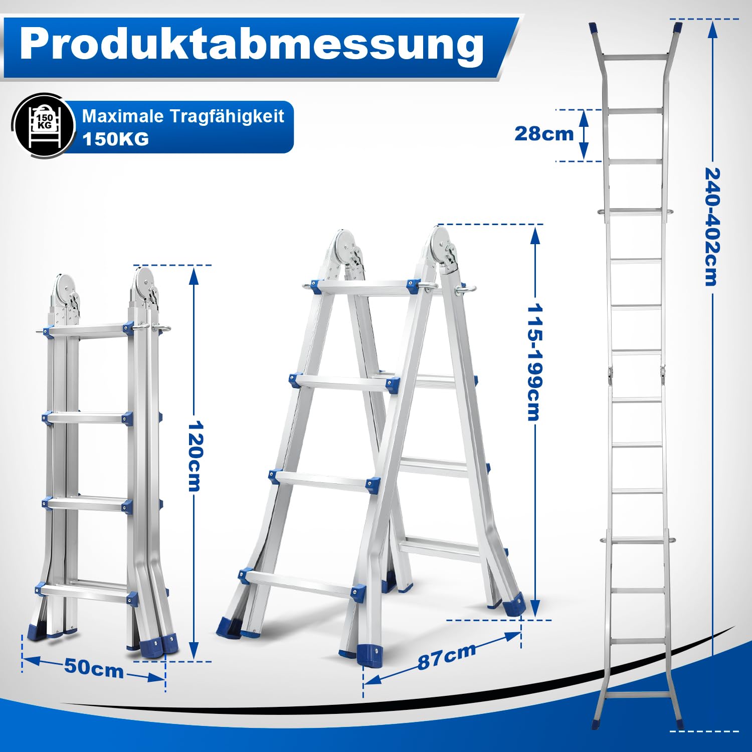 Eulenke Teleskopleiter Aluleiter 4.02m 4x4 Sprossen Mehrzweckleiter, 4 in 1 Klappleiter 150 kg Belastbarkeit, Anlegeleiter, Treppenleiter, Bockleiter, Schiebeleiter