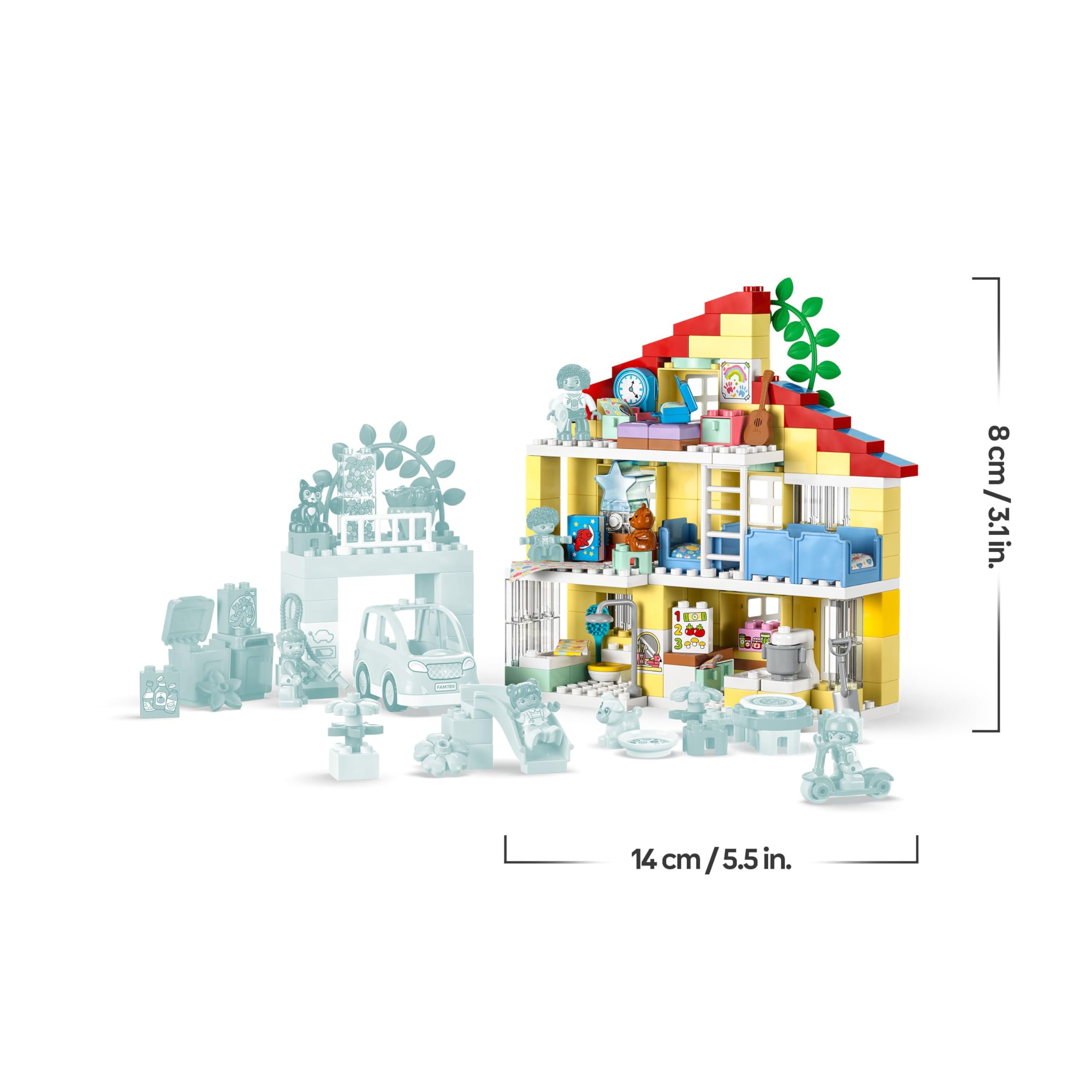 LEGO 10994 DUPLO 3-in-1-Familienhaus, Puppenhaus aus Bausteinen mit Push&Go Auto, 5 Figuren, 2 Tieren und Spielzeug-Lampe, Spielhaus Geschenk für Kleinkinder, Mädchen und Jungen ab 3 Jahren