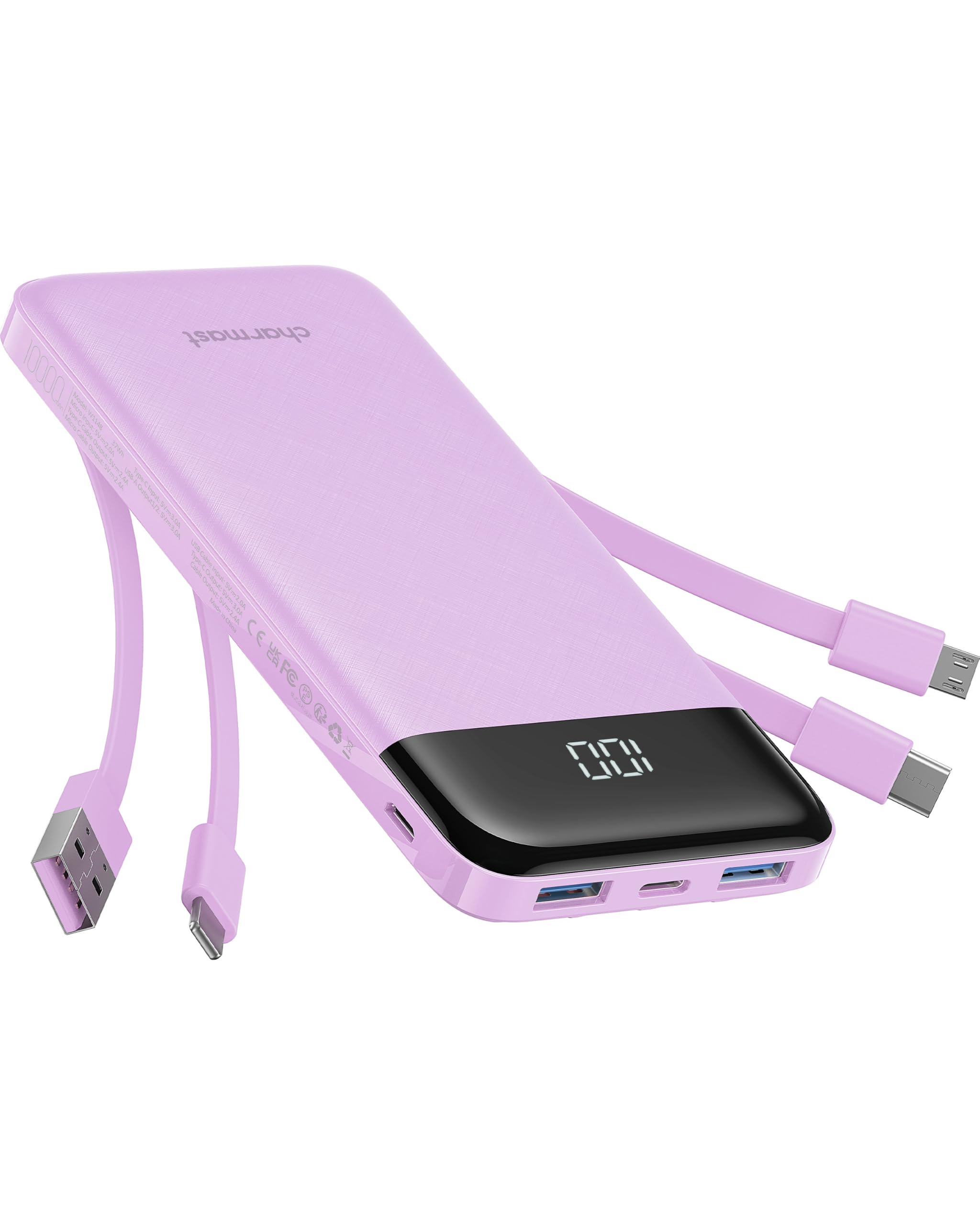 charmast Portable Charger Power Bank with Reinforced Built-in 4 Cables | 10000mAh,6 Outputs 3 Inputs,Travel Essentials,Carry-on Only,3A Fast Charging Portable Phone Charger for iPhone Samsung Pixel