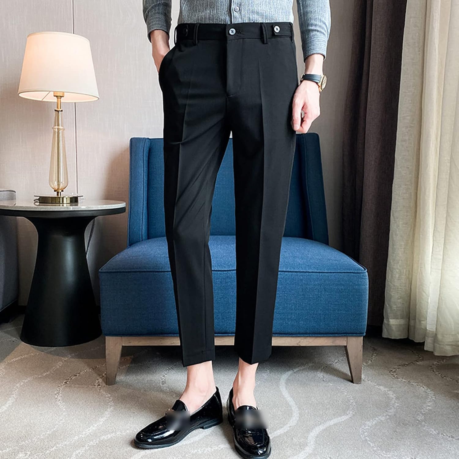 Men's Business Button Decorative Cropped Pants Stretch Slim Skinny Suit Pants Classic Fit No Iron Casual Pants